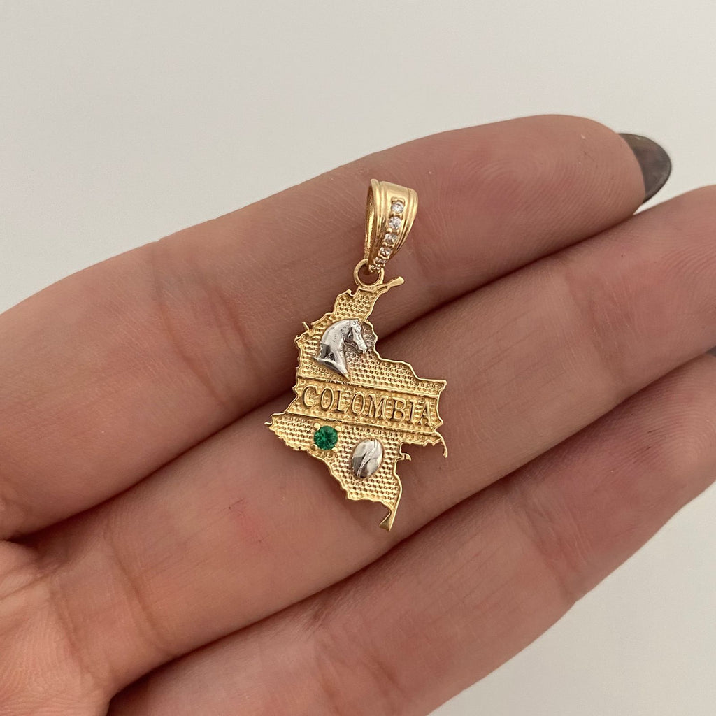 Dije Mapa de Colombia Circon Verde Oro amarillo y Oro blanco 18k 2,5 Gr / 15,5 mm / 3 Cm