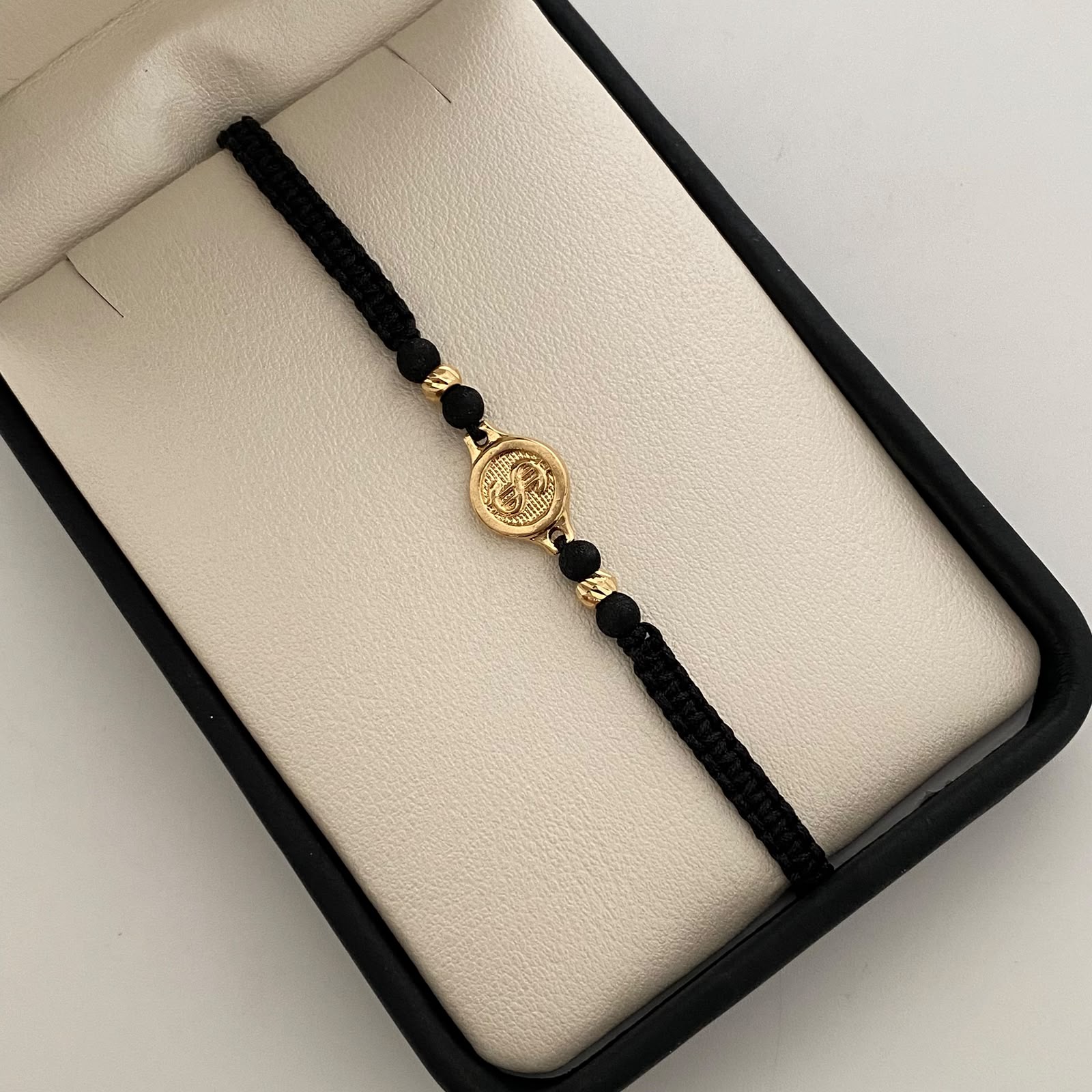 Pulsera tejida Signo peso bolas diamantada 4mm negro Oro amarillo 18k 0,75 Gr