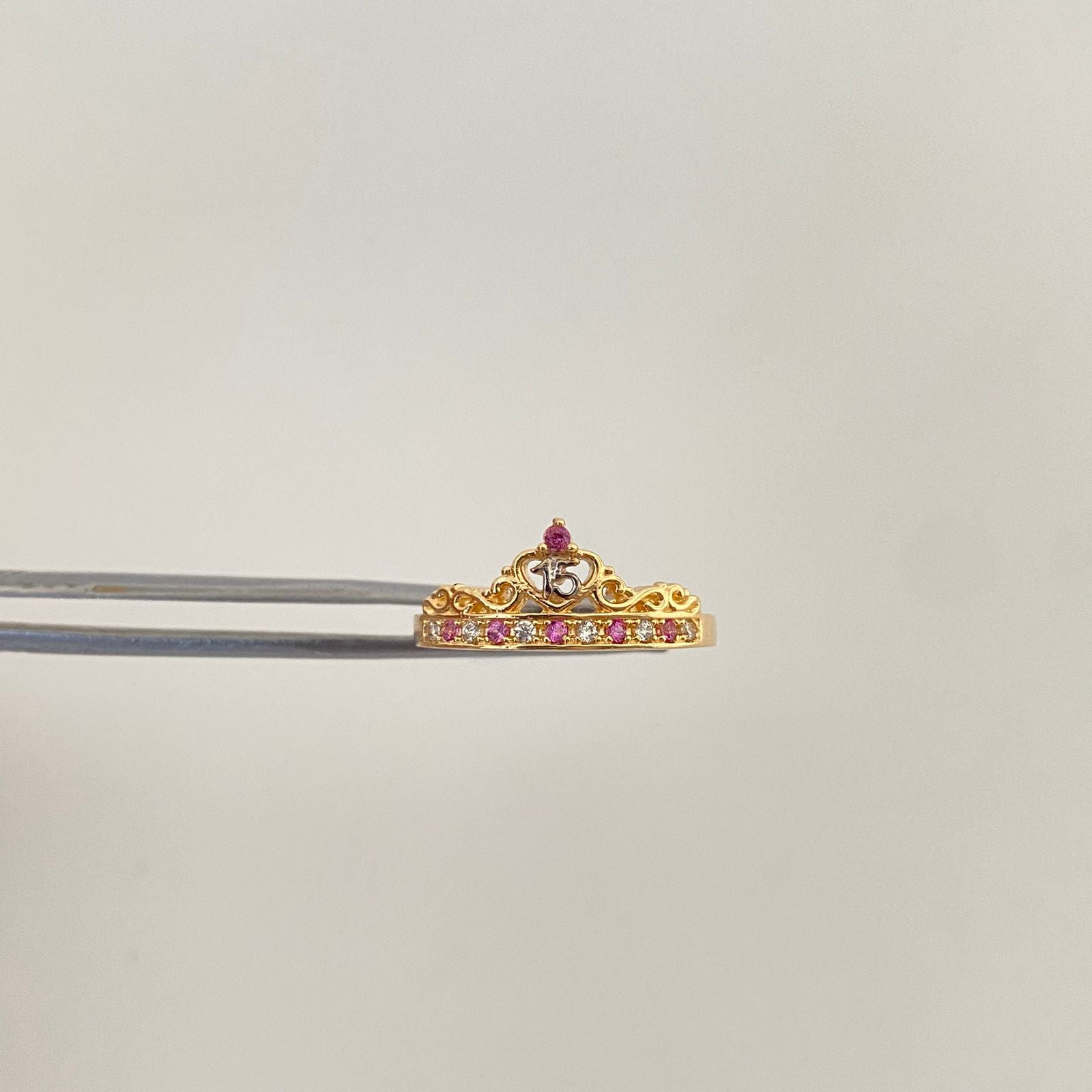 Anillo tiara 15´s circones rosa y blancos Oro amarillo y Oro blanco 18k / Talla 7 / 2,35 Gr