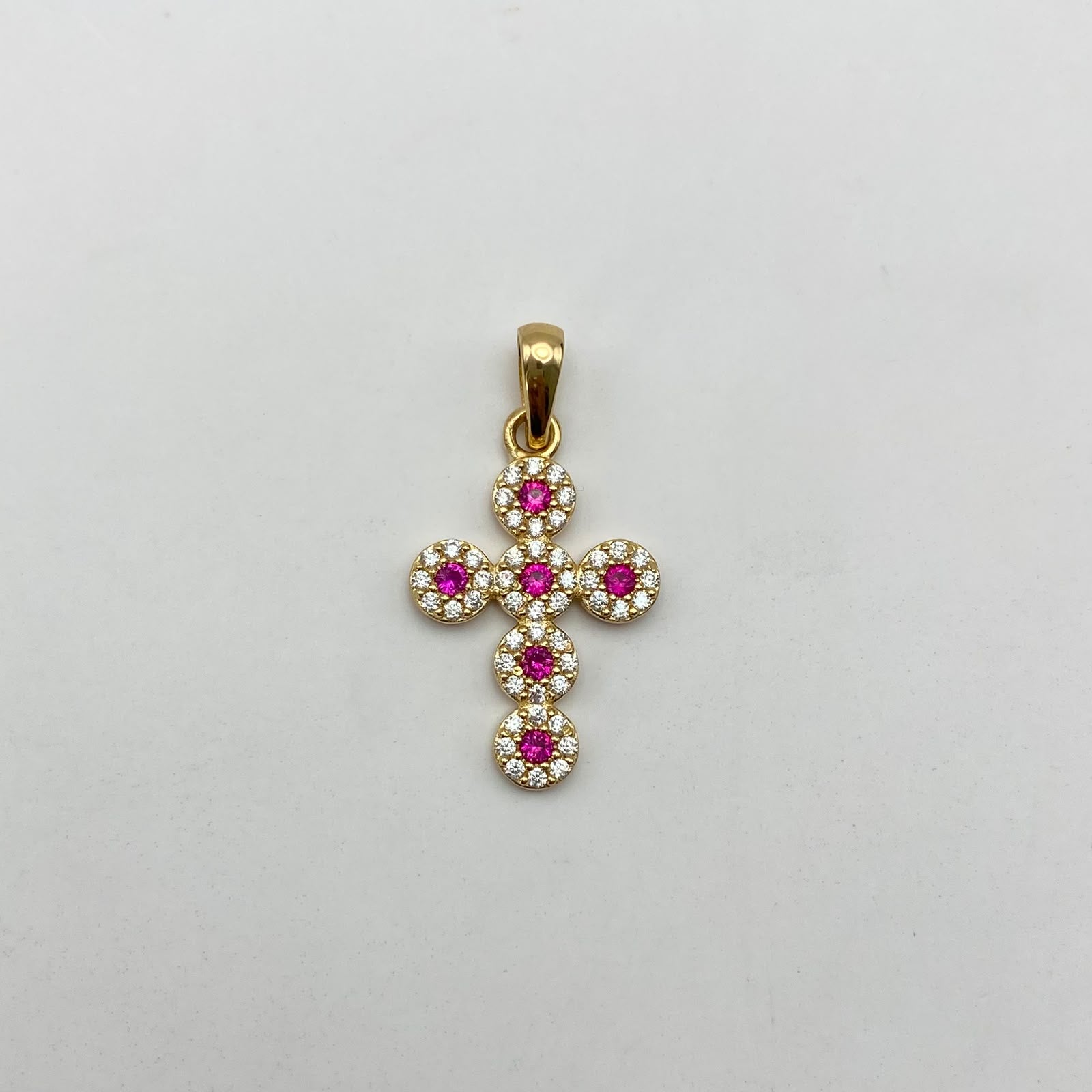 Dije cruz circulo circones blancos y fucsia Oro amarillo 18k 2,30 Gr / 16,10 mm / 3 Cm