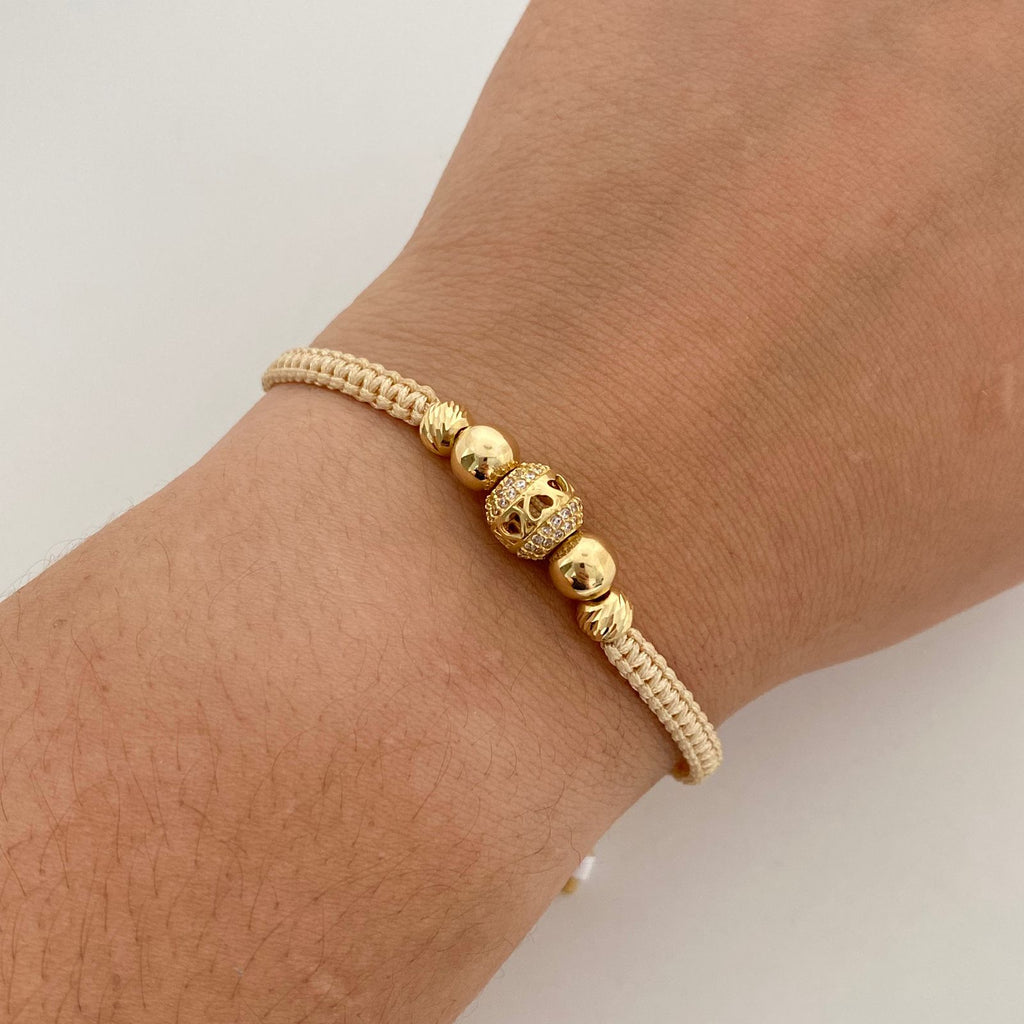 Pulsera tejida  balines #6 lisos y balines #5 diamantados y bola de fuego beige  Oro amarillo 18k 1,95 Gr