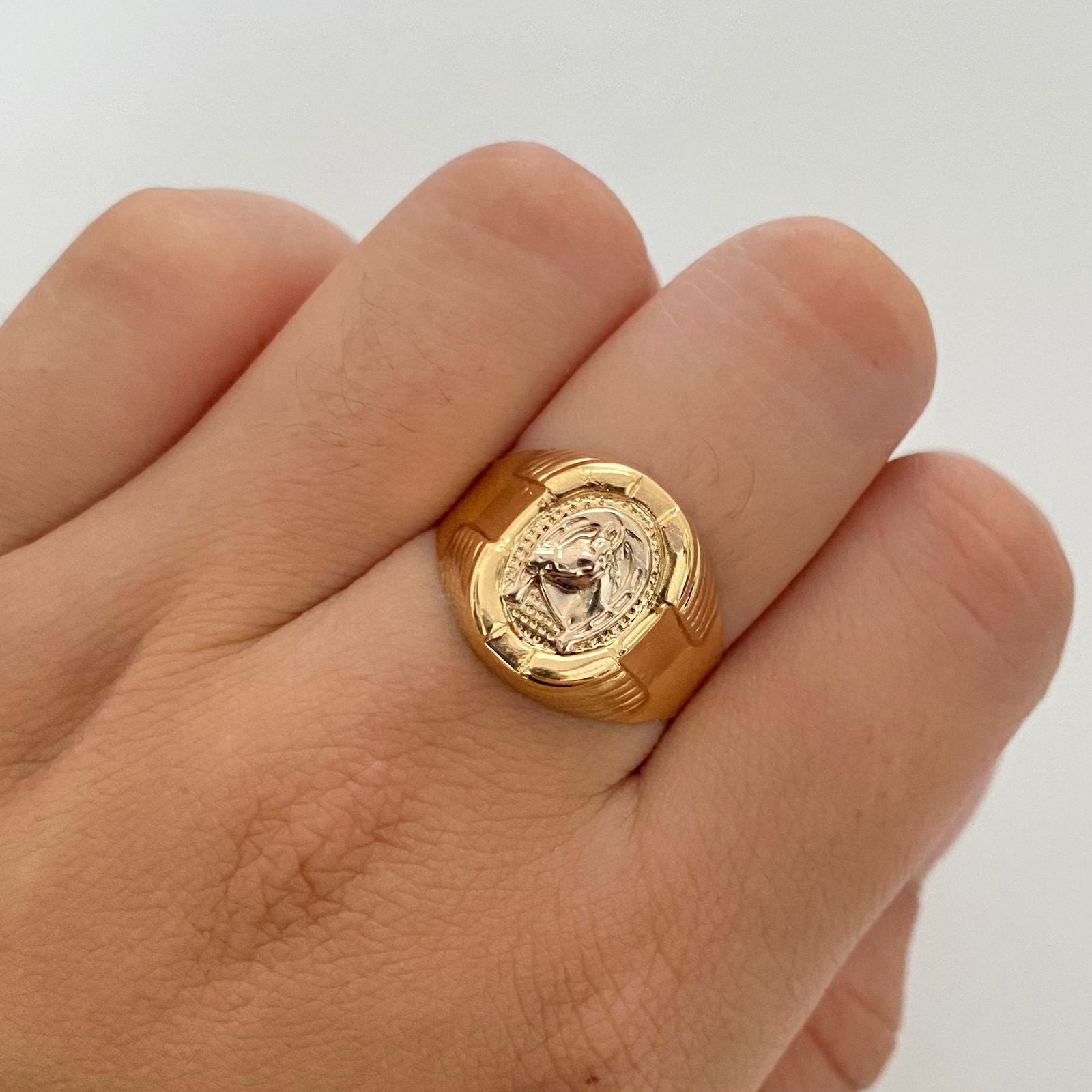 Anillo troquel ovalado  herradura caballo Oro amarillo y Oro blanco 18k / Talla 11 1/4 / 3,85 Gr