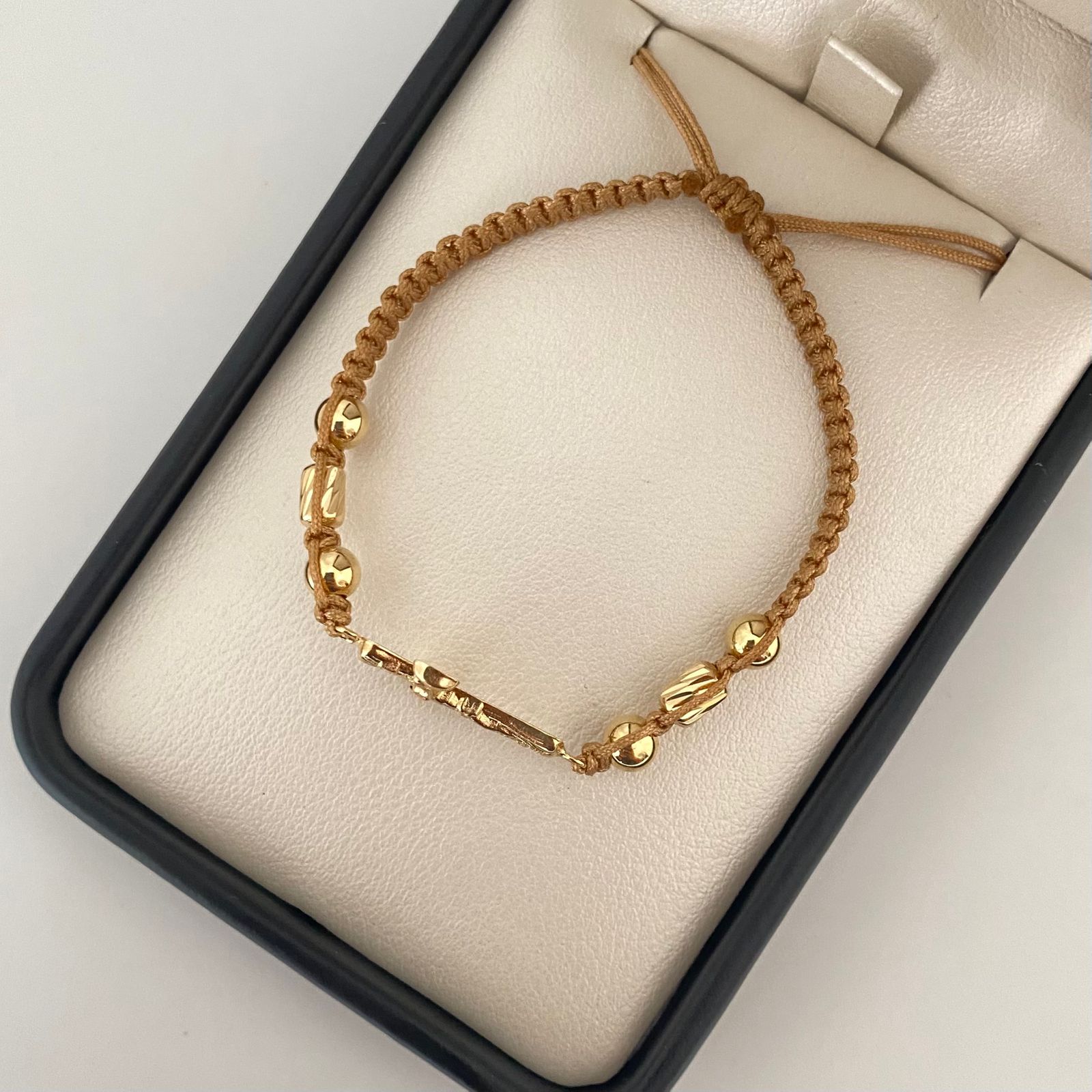 Pulsera tejida herraje cruz cristo balines lisos #5 cilindros diamantados #4 Oro amarillo 18k 1,65 Gr