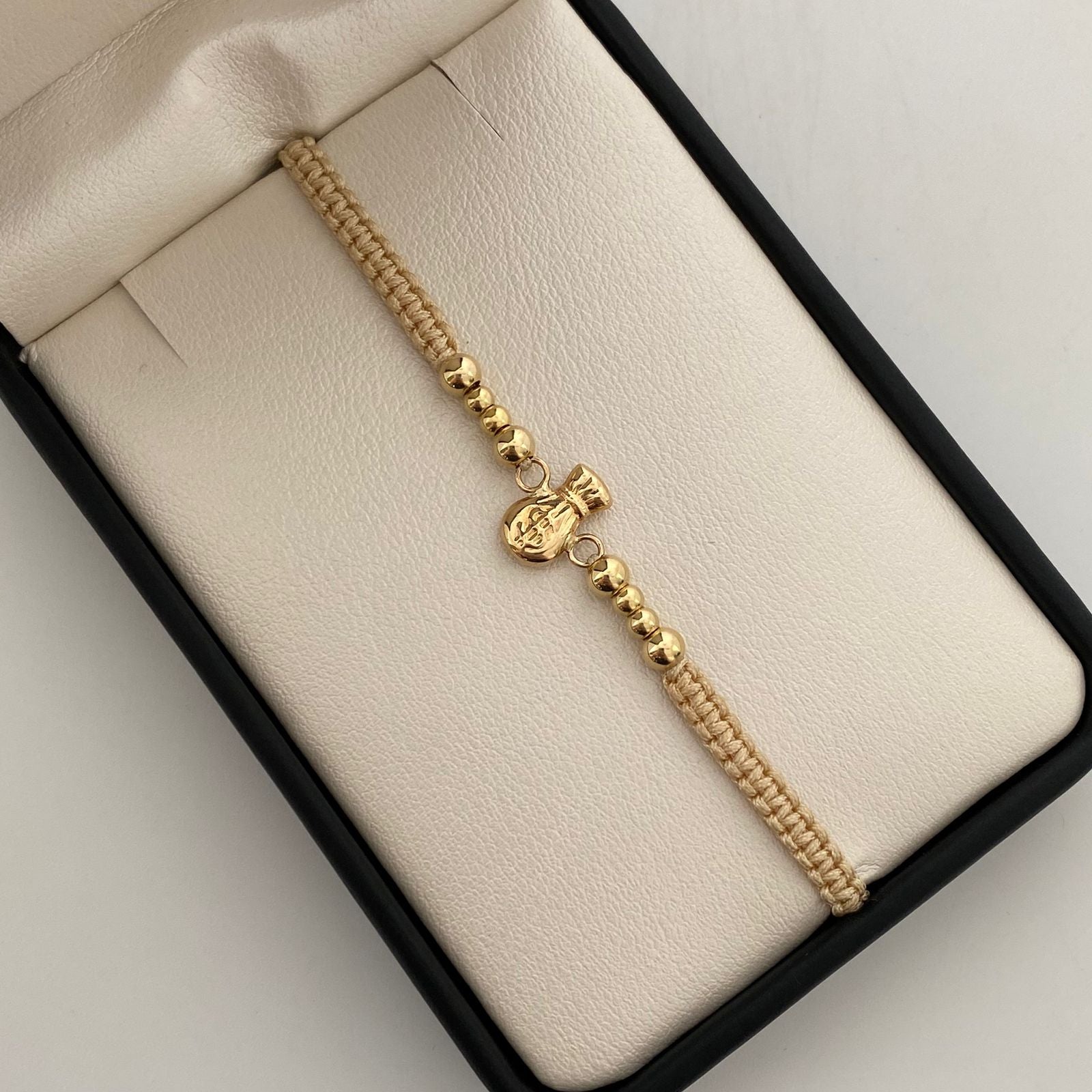 Pulsera tejida herraje bolsa de valores y balines lisos #3 y #4 beige Oro amarillo 18k 1,05 Gr