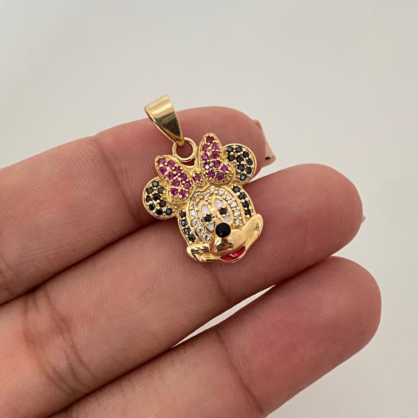 Dije caricatura ratón MM casting moño fucsia Oro amarillo 18k 3,20 Gr / 2,5 Cm