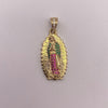 Dije Virgen de guadalupe circones verdes y fucsias Oro amarillo 18k 4 Gr / 11,5 mm / 2,8 Cm