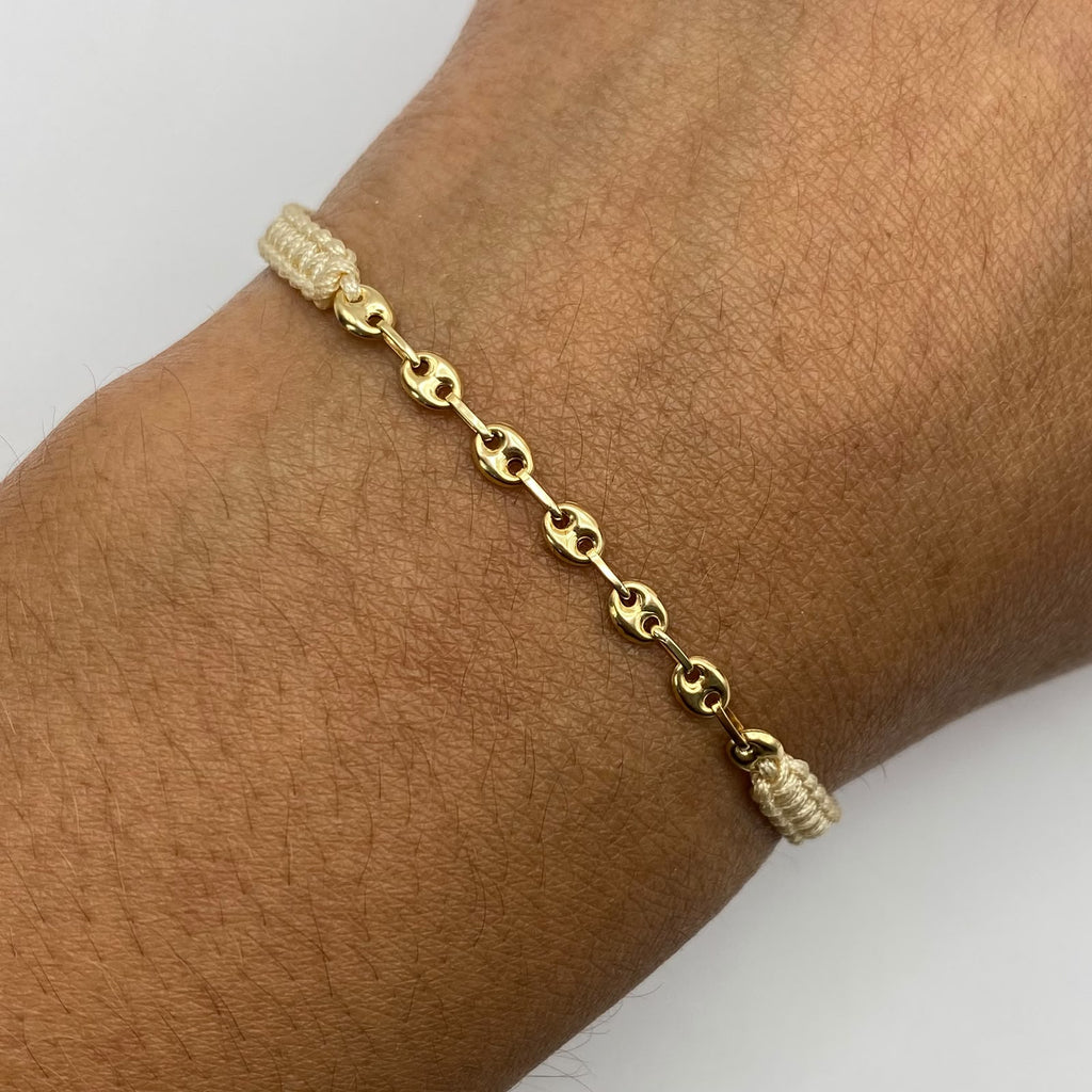 Pulsera tejida Herraje gc hilo beige Oro amarillo 18k 0,35 Gr