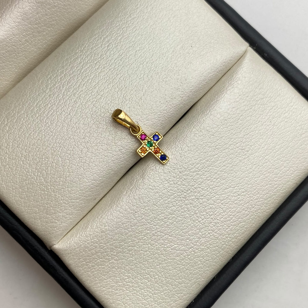 Dije  mini cruz circones multicolor  Oro amarillo 18k 0,5 Gr / 6,4 mm / 1,5 Cm