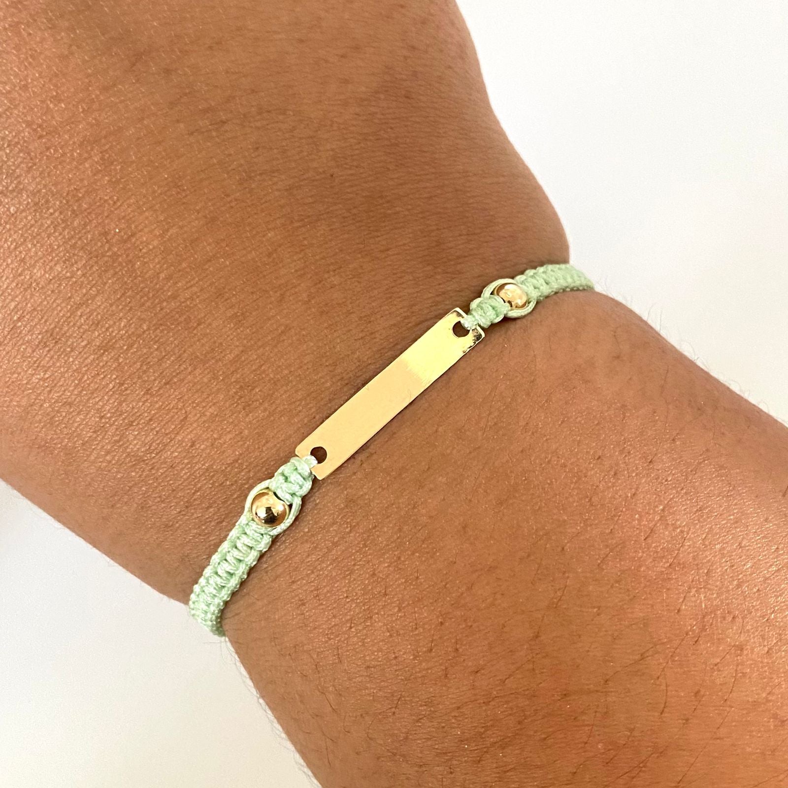 Pulsera tejida con placa rectangular balines lisos #4 Oro amarillo 18k 0,5 Gr