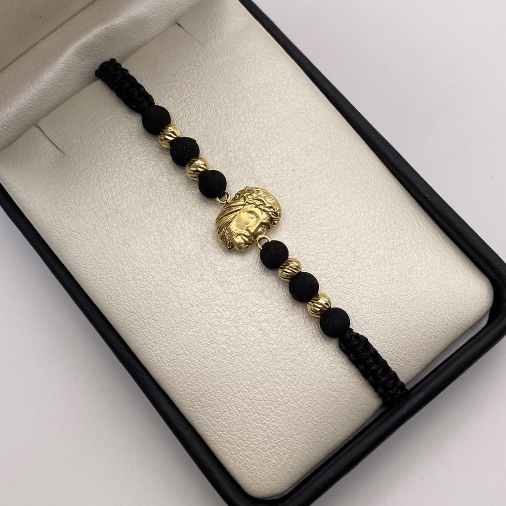 Pulsera tejida Rostro cristo bolas diamantadas 5mm  Oro amarillo 18k 1,1 Gr