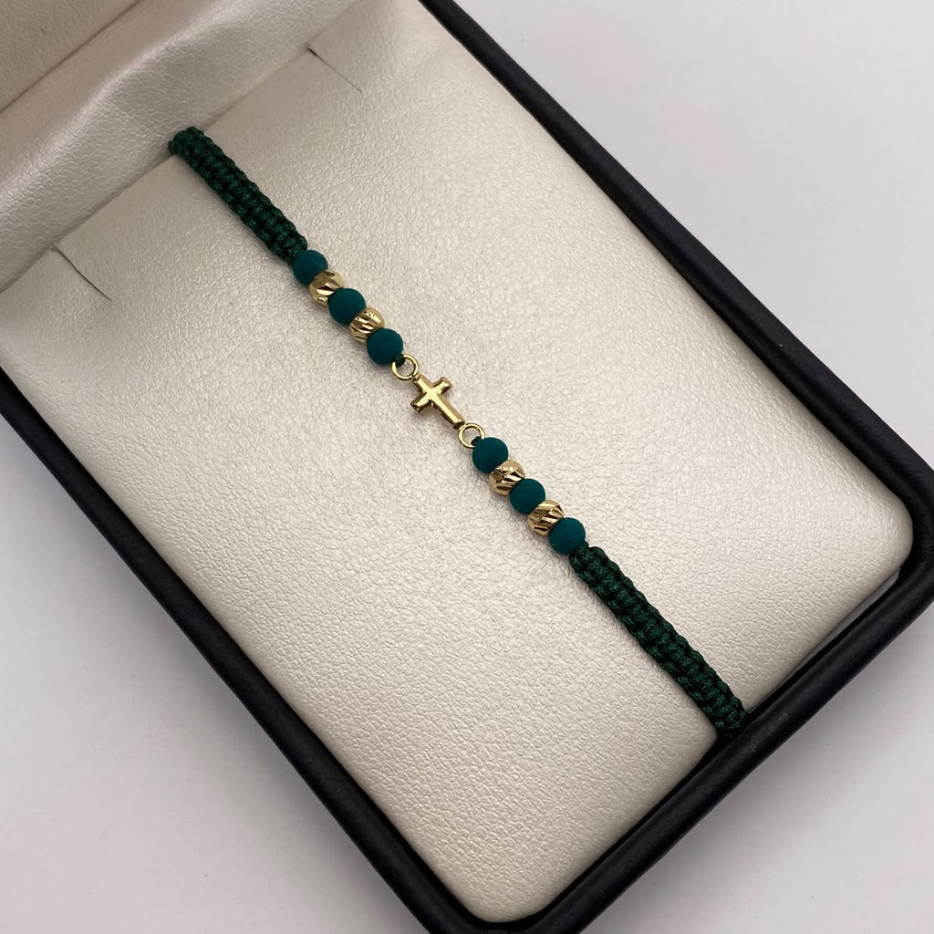 Pulsera tejida Herraje cruz lisa bolas diamantadas 4mm hilo verde  Oro amarillo 18k 0,45 Gr
