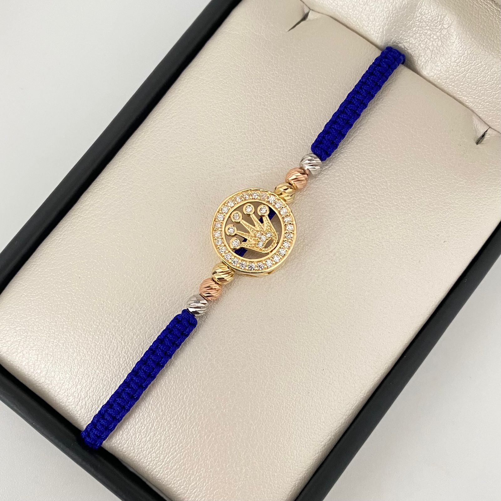 Pulsera tejida silueta corona casting bolas diamantadas #4 Tres oros 18k 3,55 Gr