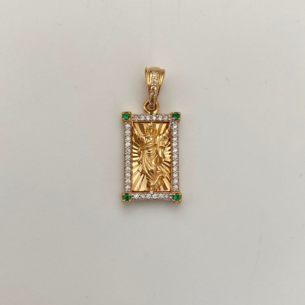 Dije Rectangular Casting Verde y blanco Jesus Oro amarillo 18k 3,4 Gr / 2,5 mm / 11,6 Cm