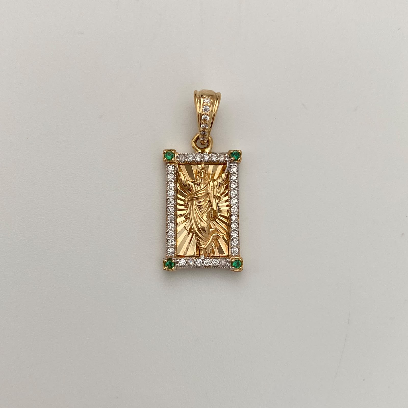 Dije Rectangular Casting Verde y blanco Jesus Oro amarillo 18k 3,4 Gr / 2,5 mm / 11,6 Cm