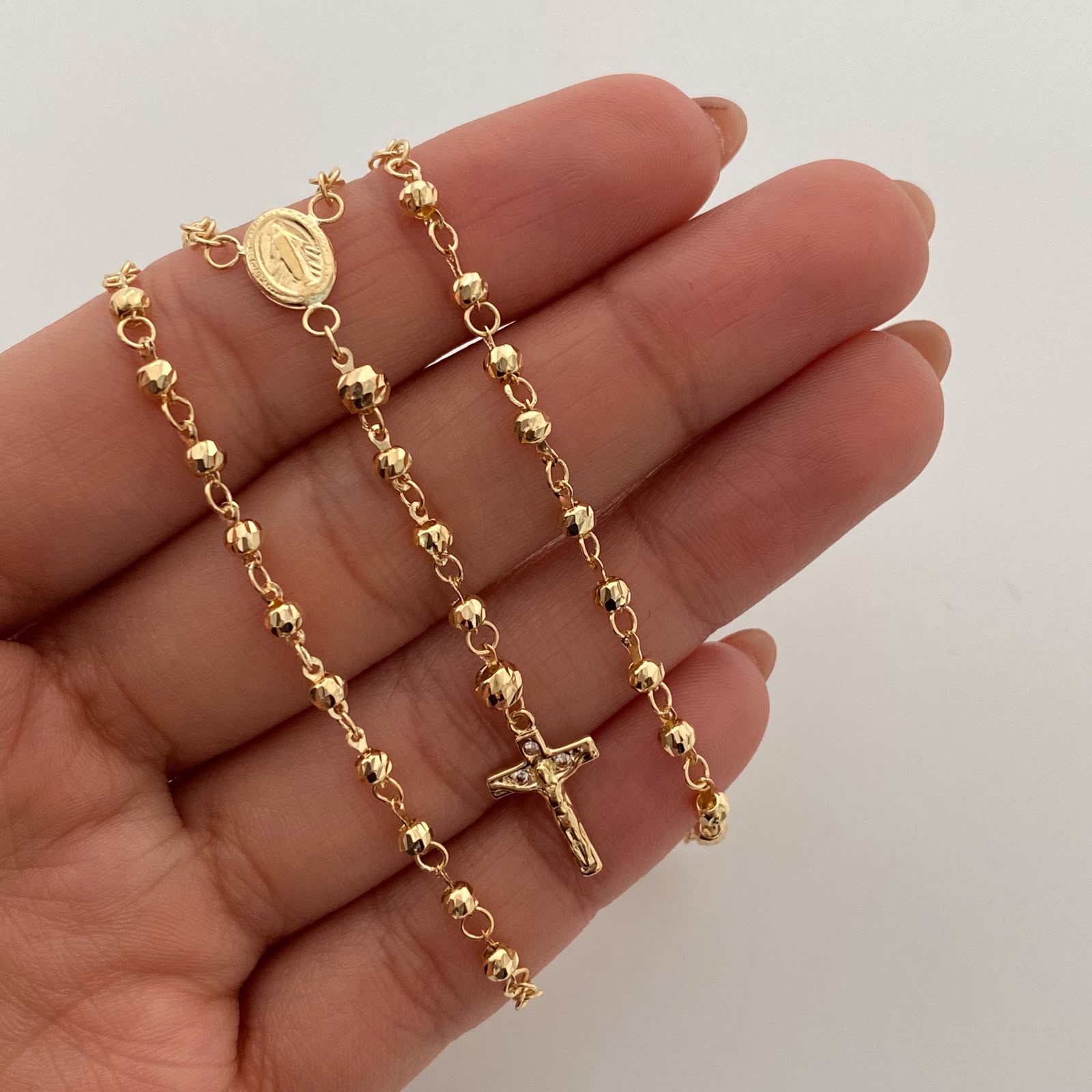 Rosario Virgen Milagrosa Cruz Circon Oro amarillo 18k 7,50 Gr / 3,2 mm / 50 Cm Broche 0,30