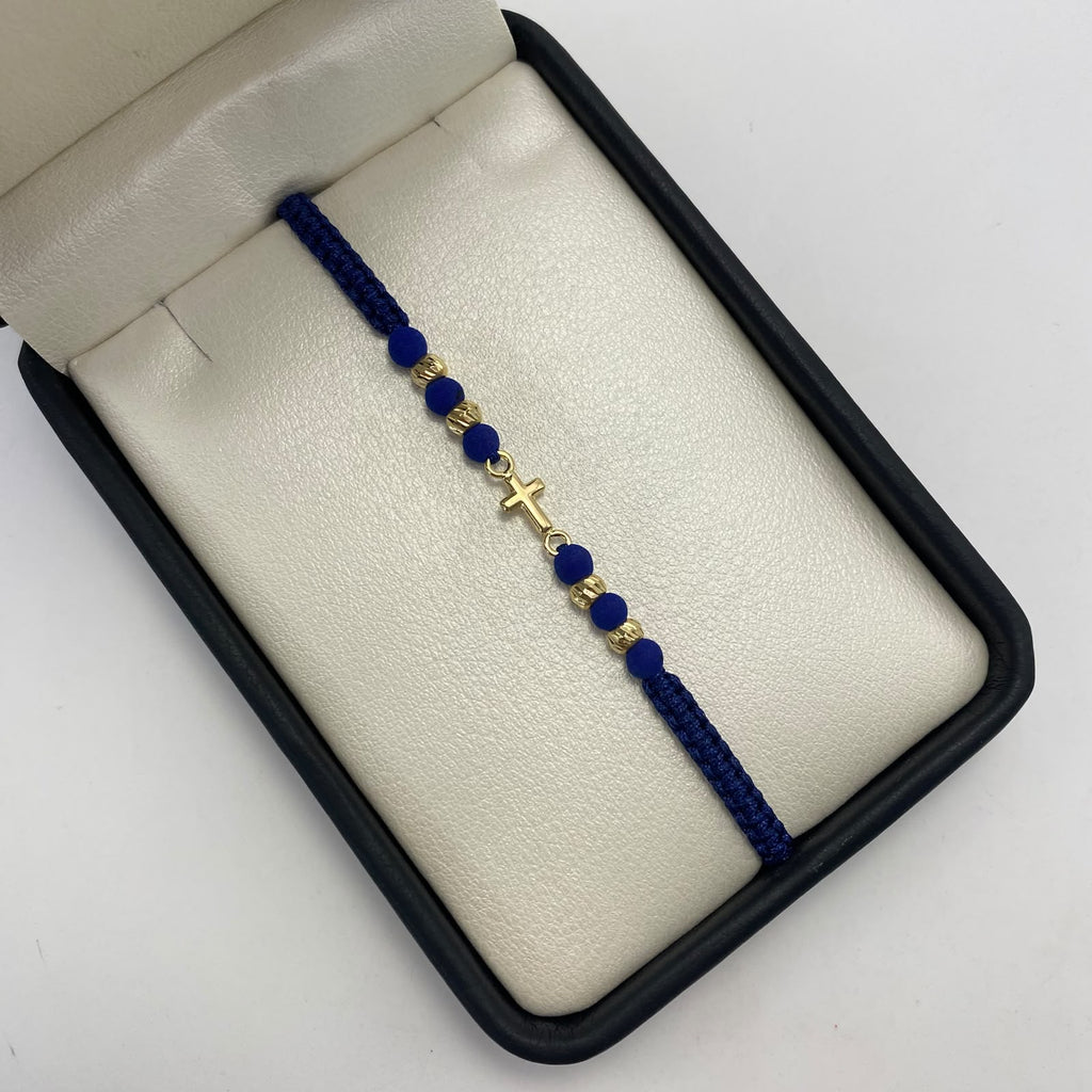 Pulsera tejida Herraje cruz lisa bolas diamantadas 4mm hilo azul Oro amarillo 18k 0,45 Gr