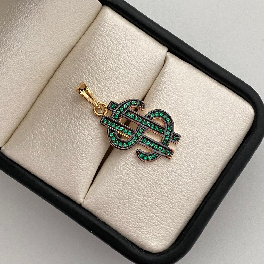 Dije signo de pesos con circones negros y verdes  Oro amarillo 18k 3,1 Gr / 13 mm / 3,6 Cm