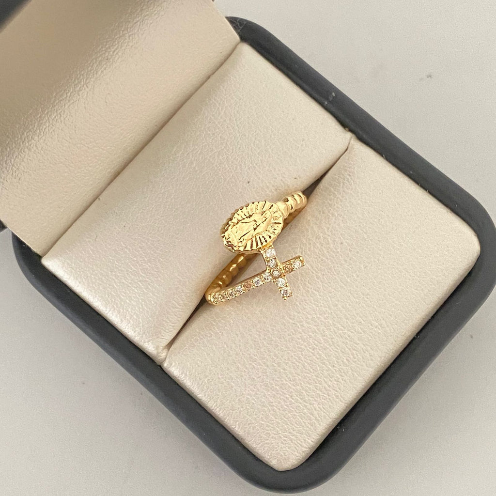 Anillo con cruz y virgen de guadalupe  Oro amarillo 18k / Talla 5 1/4 / 3,8 Gr