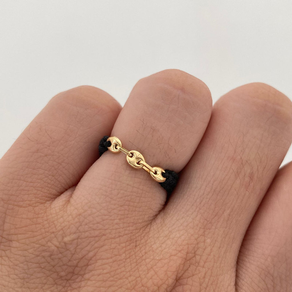 Anillo Tejido herraje eslabones hilo negro ajustable Oro amarillo 18k / Talla 7 / 0,2 Gr