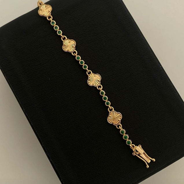 Pulso Trebol diamantado circones verdes broche especial Oro amarillo 18k +1 / 8,8 Gr / 7,7 mm / 21,3 Cm