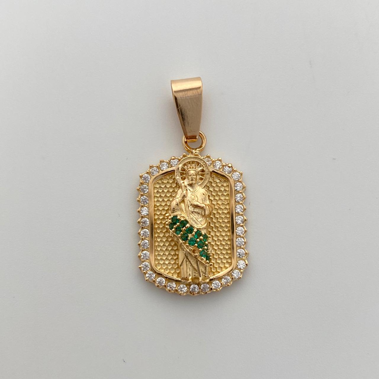 Dije san judas placa circones blancos y verdes Oro amarillo 18k 7,28 Gr / 13,5 Cm