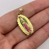 Dije Virgen de guadalupe circones verdes y fucsias Oro amarillo 18k 4 Gr / 11,5 mm / 2,8 Cm