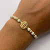 Pulsera tejida Herraje virgen guadalupe circones bolas diamantadas 5mm, 4mm y 3mm Oro amarillo 18k 2,12 Gr