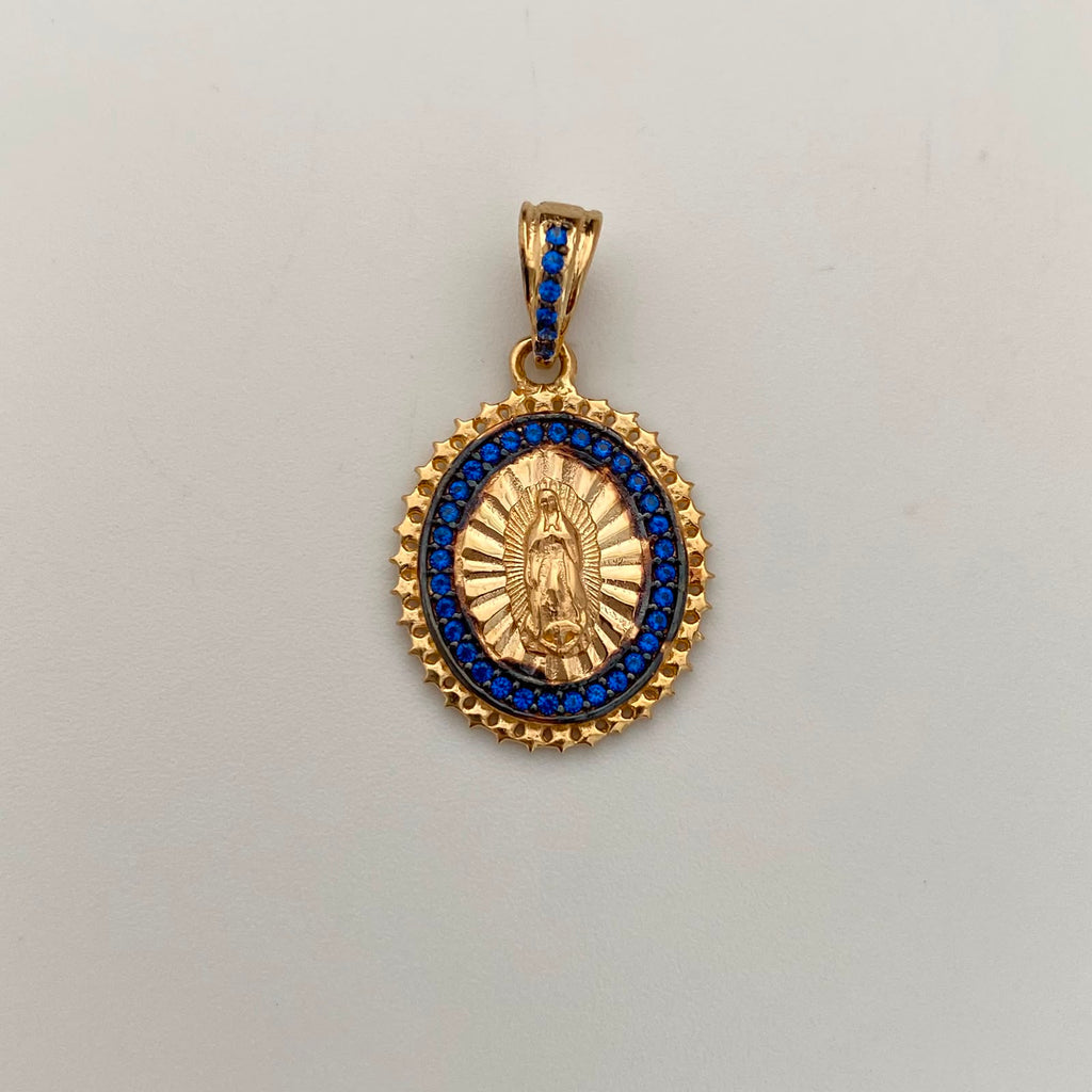 Dije Redondo Casting Azul Virgen de Guadalupe Oro amarillo 18k 2,95 Gr / 15,6 mm / 2,6 Cm