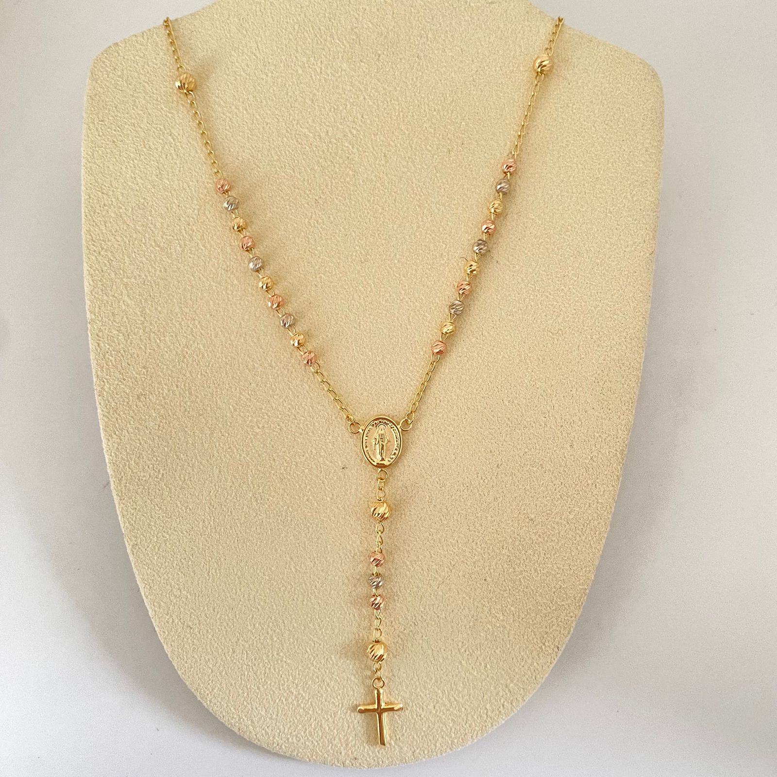 Rosario virgen milagrosa con bolas diamantadas  Tres oros 18k 7,40 Gr / 3 mm / 45 Cm Broche 0,40