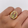 Anillo Virgen de Guadalupe circones blancos, verdes y fucsias Oro amarillo 18k / Talla 9 / 6,7 Gr / 4,4 mm