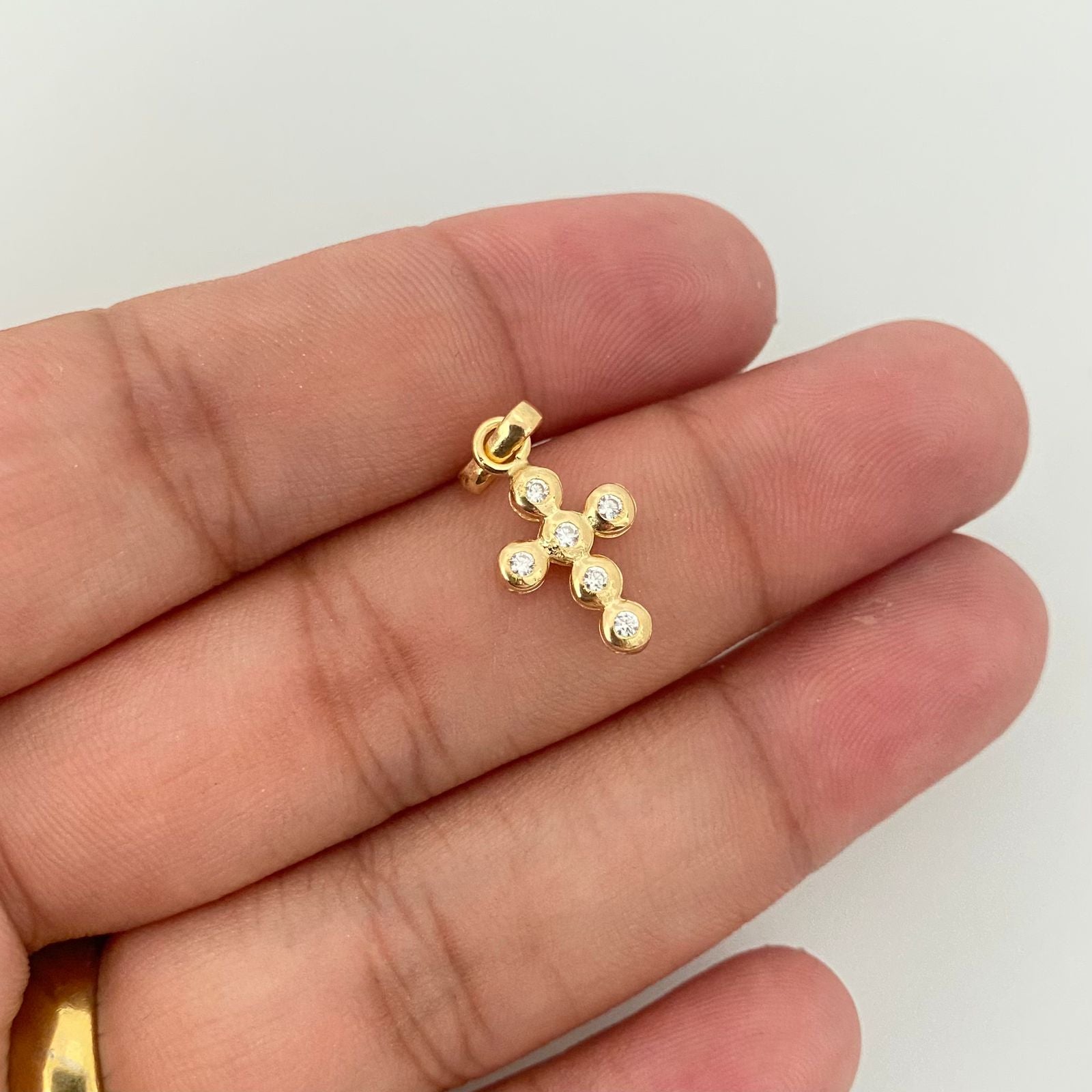 Dije cruz bolitas circones blanco Oro amarillo 18k 1,15 Gr / 2,0 Cm