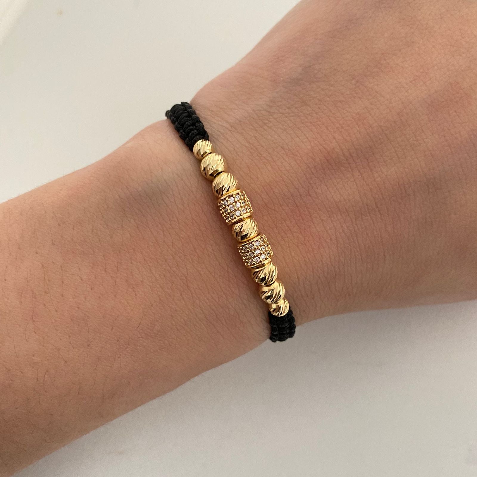Pulsera tejida con cilindros con circones blancos y balines 5mm y 4mm  Oro amarillo 18k 2,1 Gr