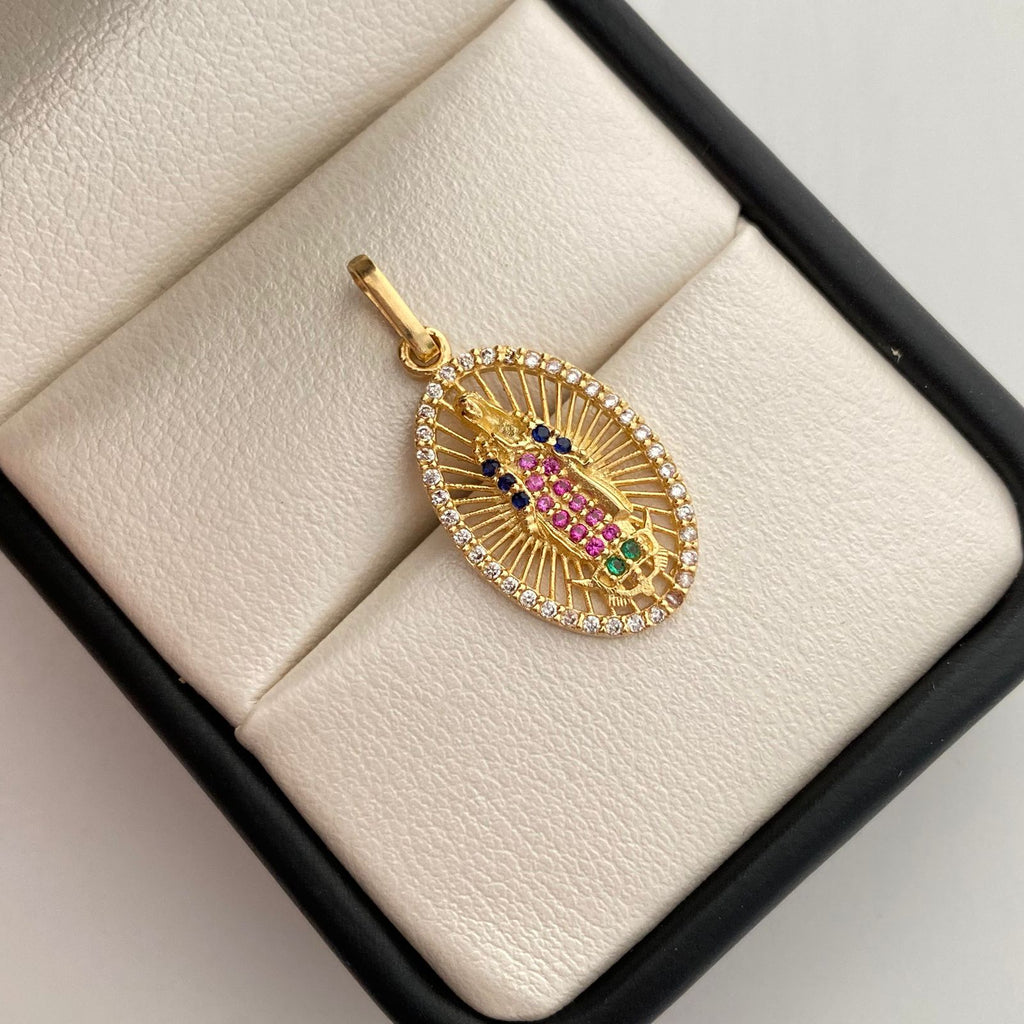Dije virgen de guadalupe con circones multicolor  Oro amarillo 18k 1,95 Gr / 12,9 mm / 2,7 Cm