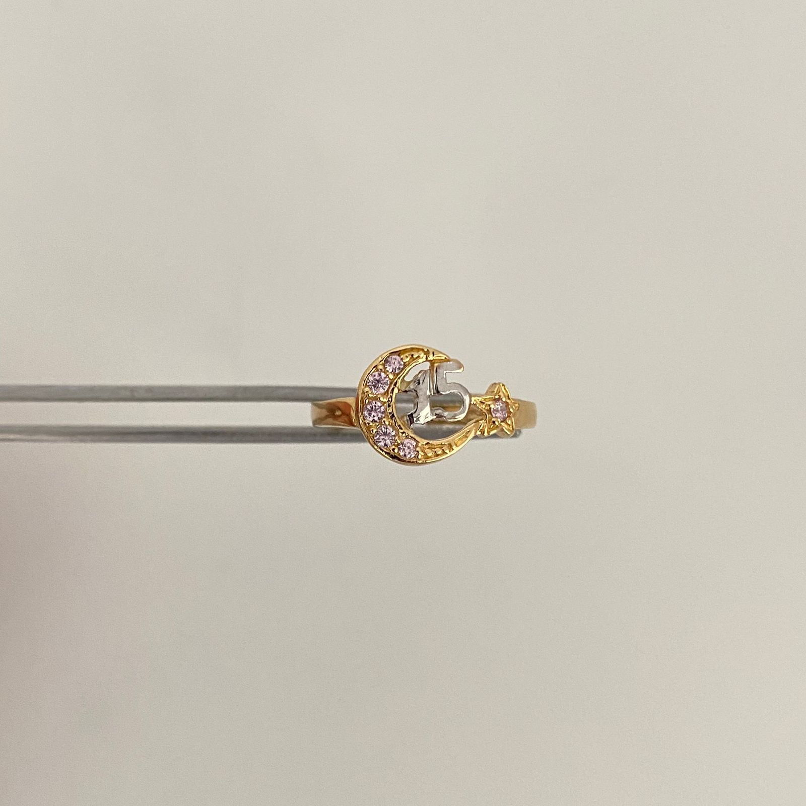 Anillo 15 luna circones rosa Oro amarillo y Oro blanco 18k / Talla 7 / 1,85 Gr