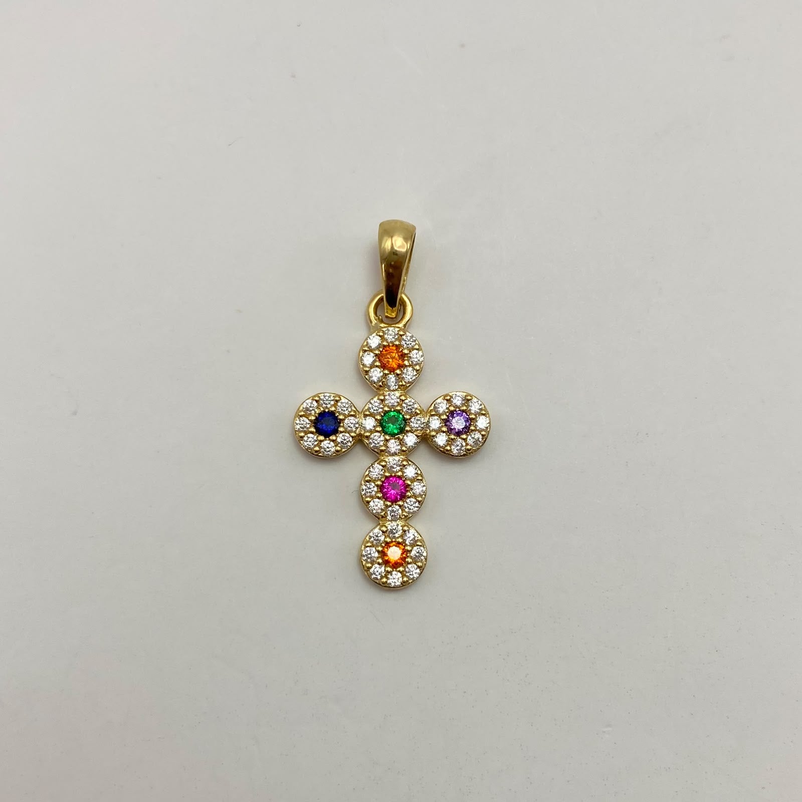Dije cruz circulos circones multicolor Oro amarillo 18k 2,4 Gr / 16,10 mm / 3 Cm
