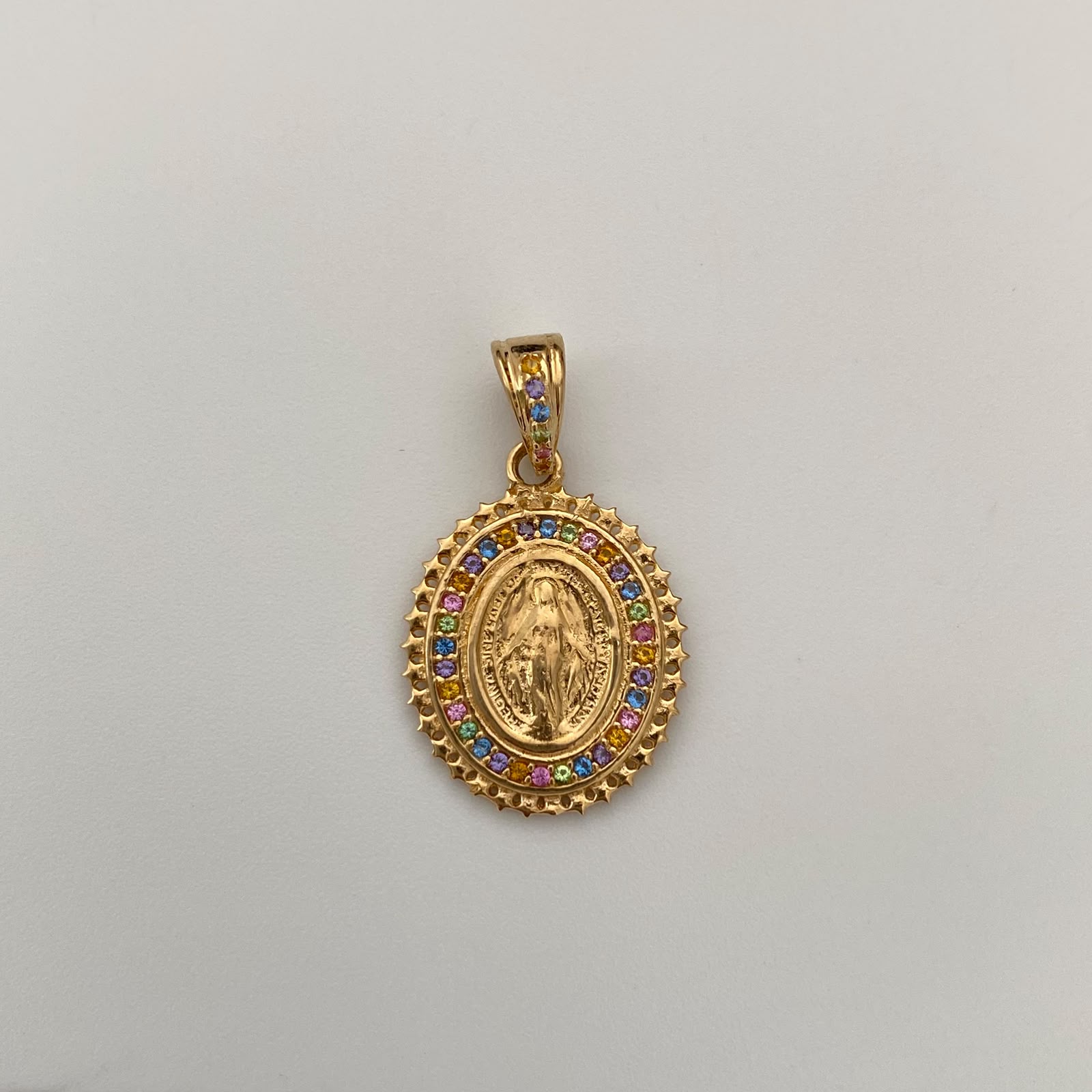 Dije Redondo Casting Multicolor Virgen Milagrosa Oro amarillo 18k 2,55 Gr / 15,9 mm / 2,6 Cm