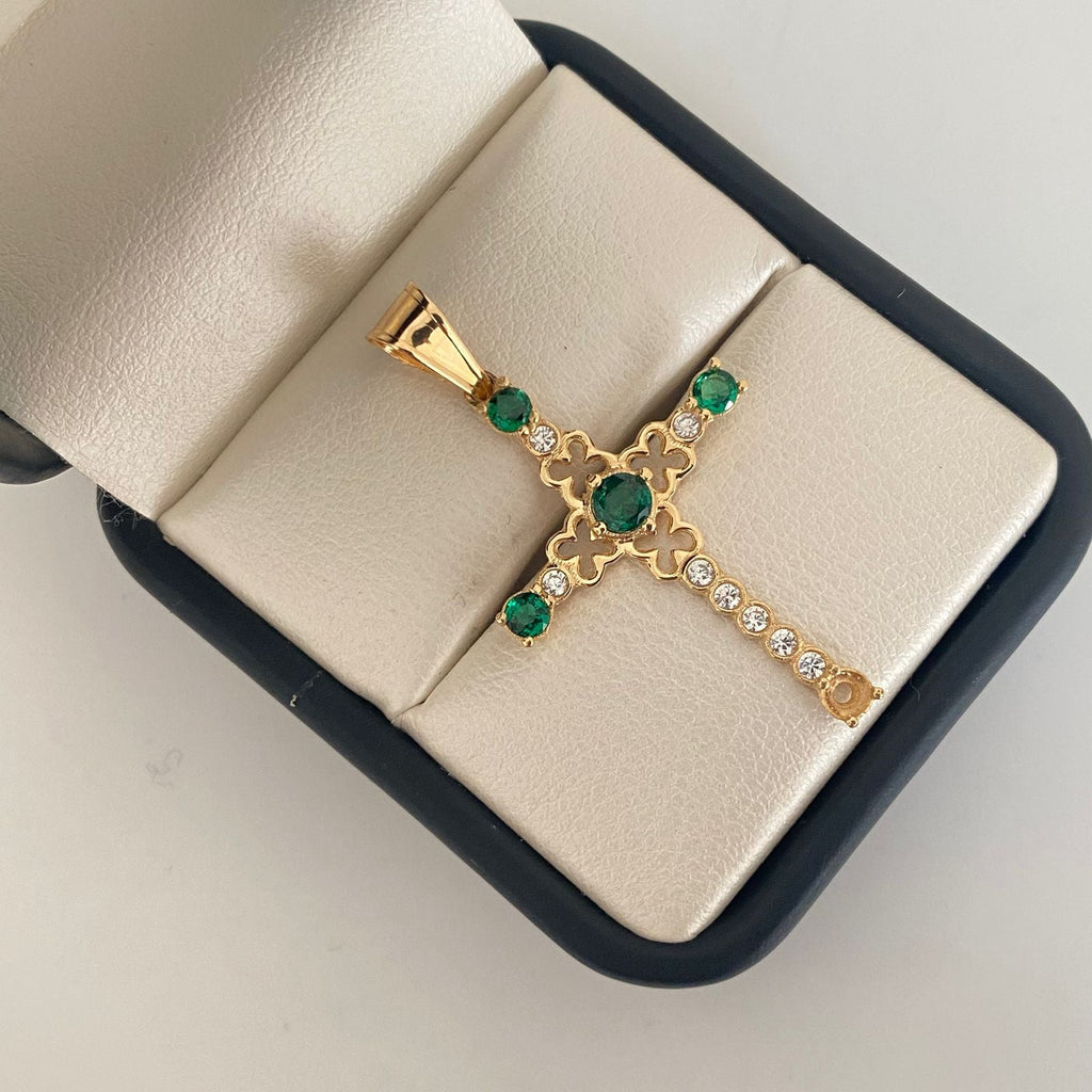 Dije cruz centro treboles casting blanco verde Oro amarillo 18k 2,80 Gr / 4,0 Cm