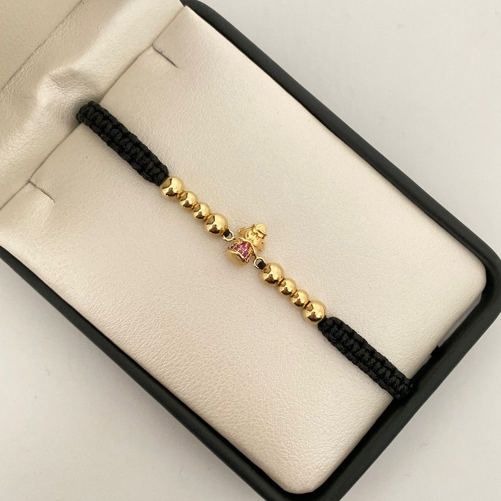Pulsera tejida con herraje tio rico con circones rosados y bolas lisas 5mm y 4mm  Oro amarillo 18k 2 Gr