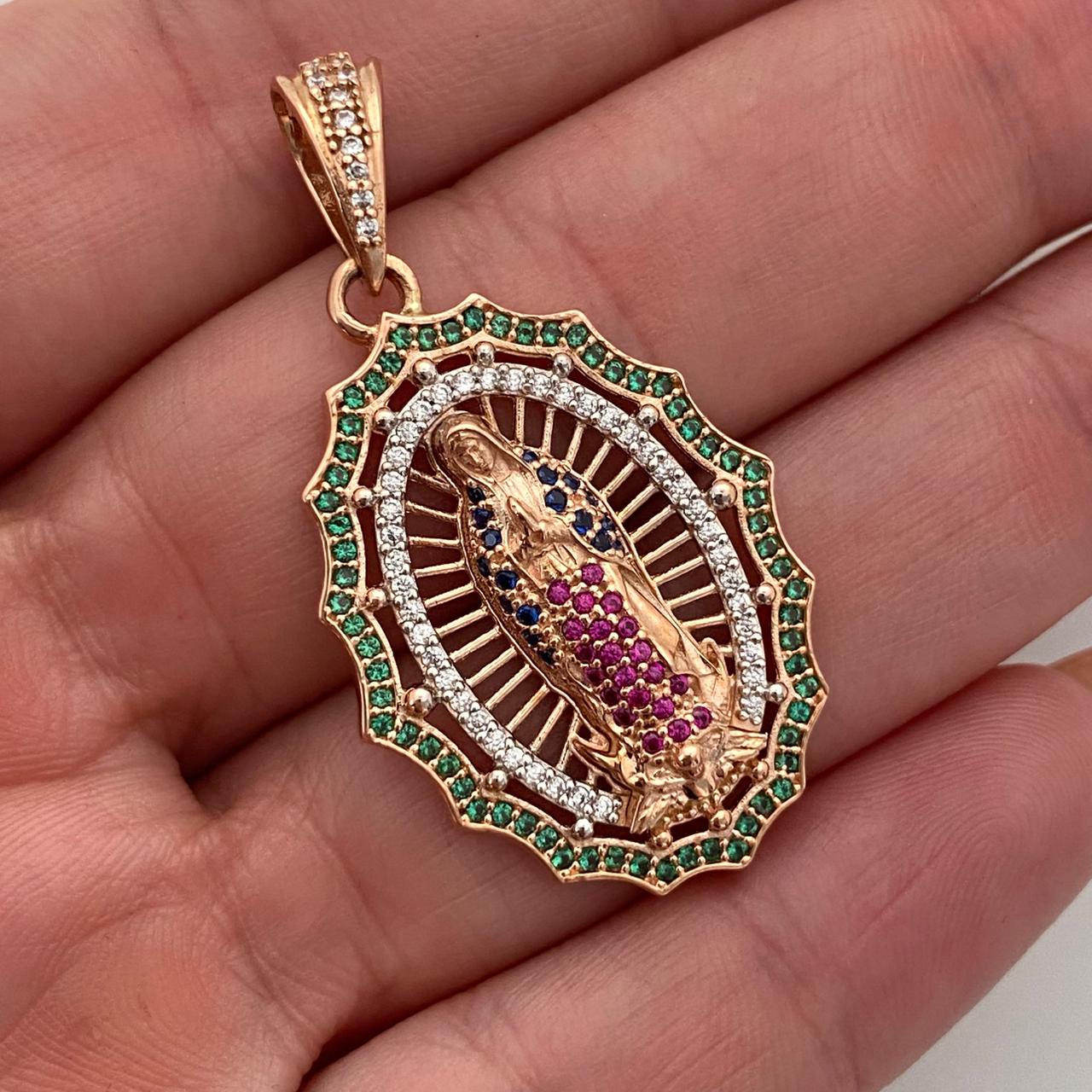 Dije virgen de guadalupe con circones multicolor  Oro rosa 18k 6,7 Gr / 22,8 mm / 4,1 Cm