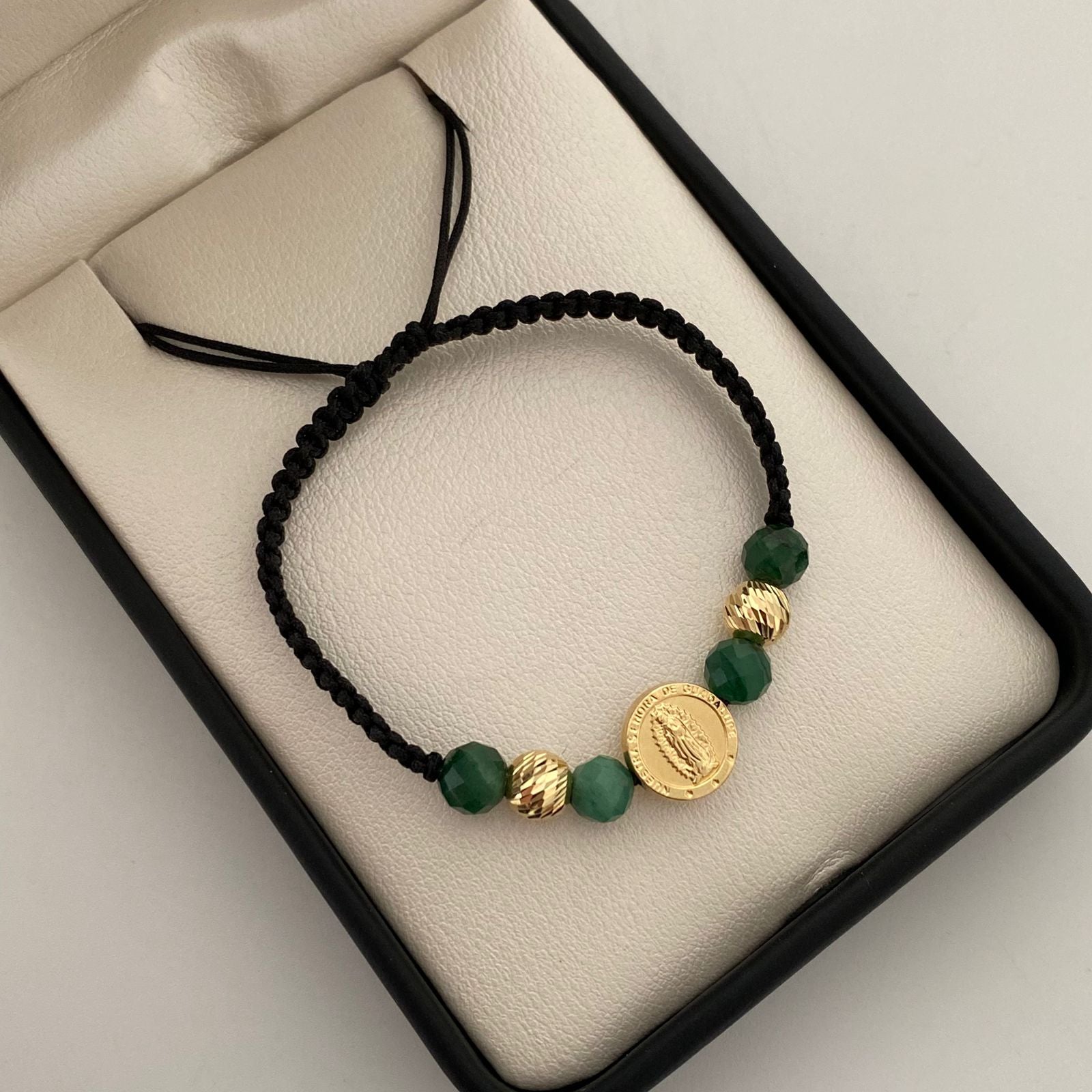 Pulsera tejida herraje virgen de guadalupe balines diamantados #6 morrallas, negra Oro amarillo 18k 0,95 Gr
