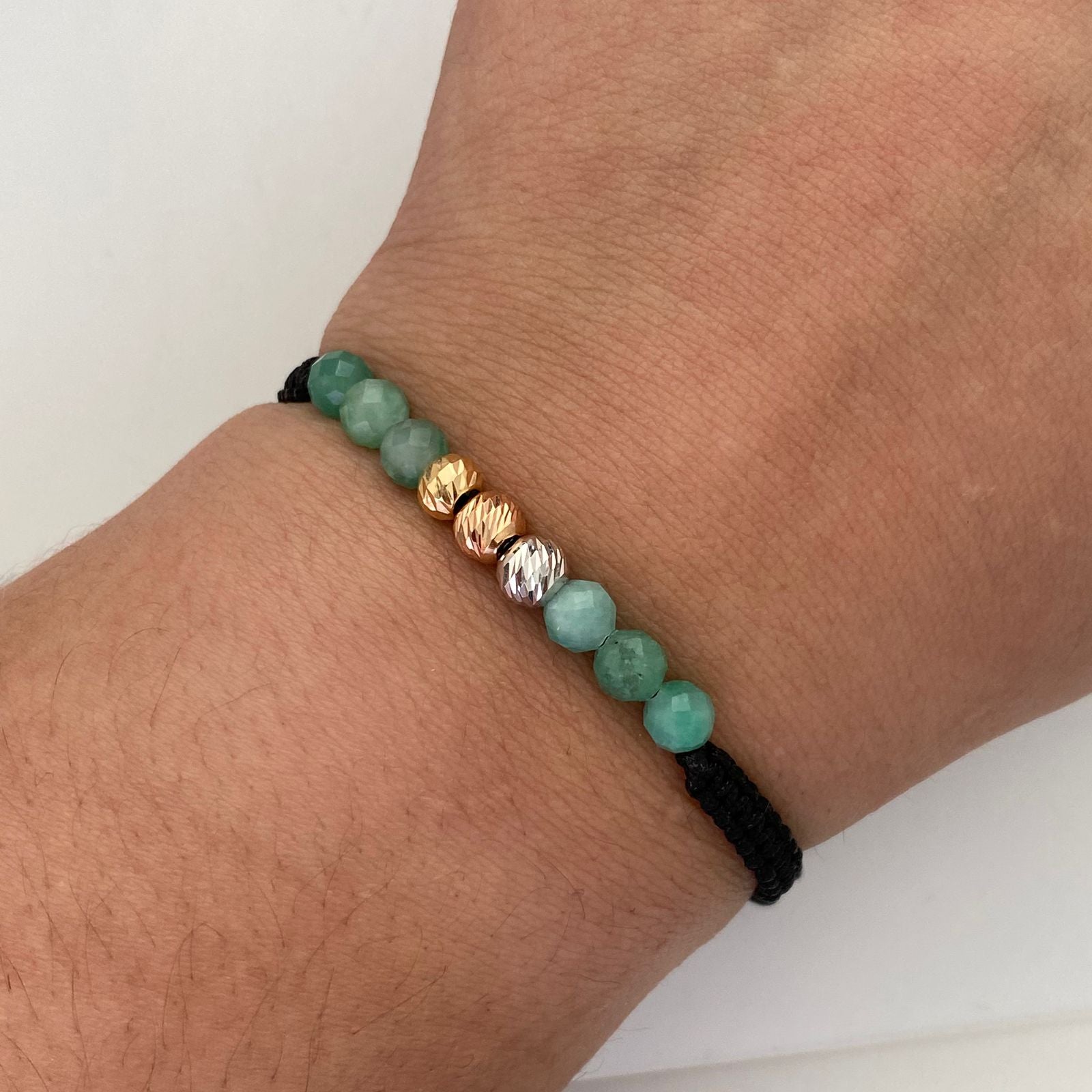 Pulsera tejida Bola diamantada 5mm +morrallas Tres oros 18k 0,45 Gr