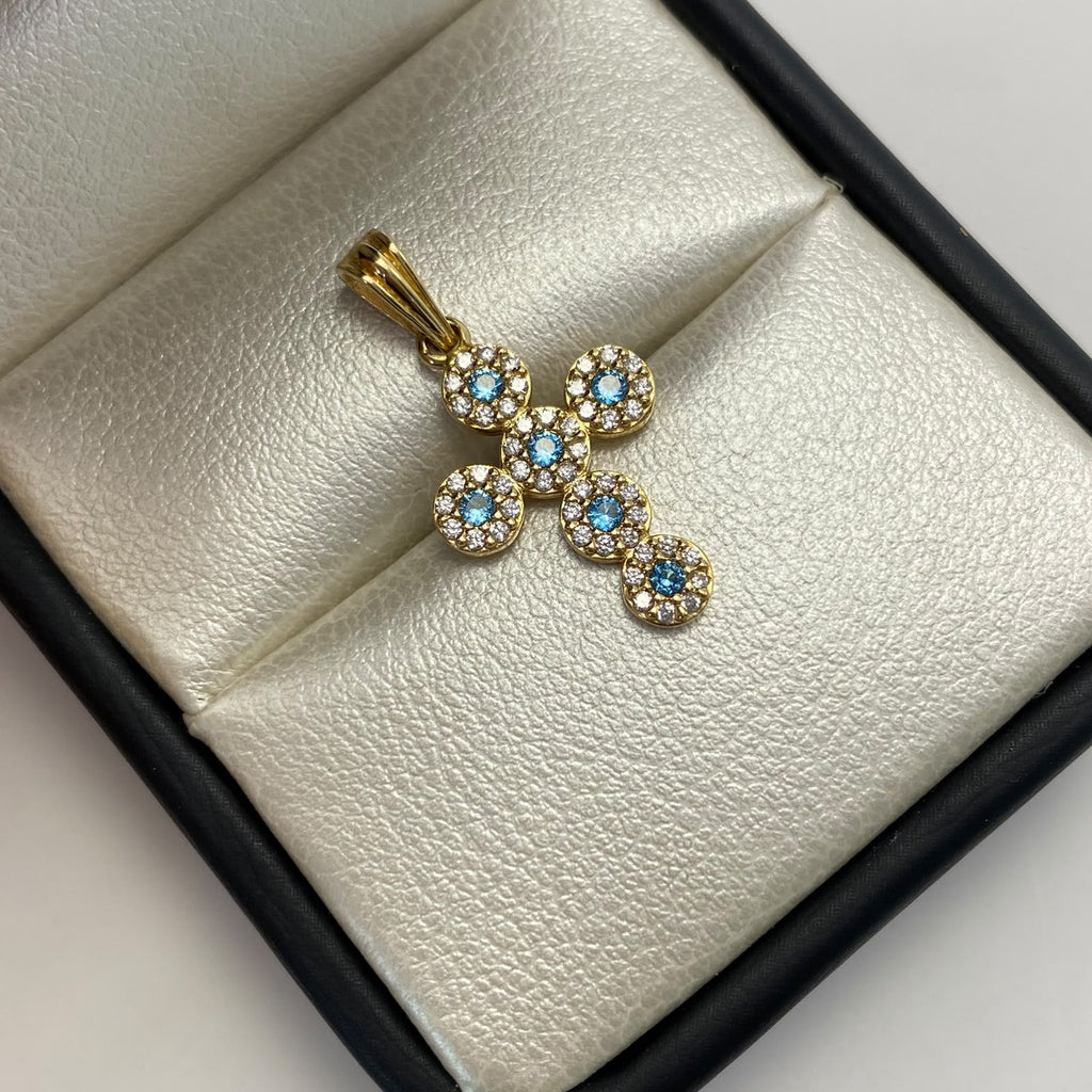 Dije Cruz Casting Celeste Con Borde Blanco  Oro amarillo 1,6 Gr / 13,22 mm / 2,5 Cm