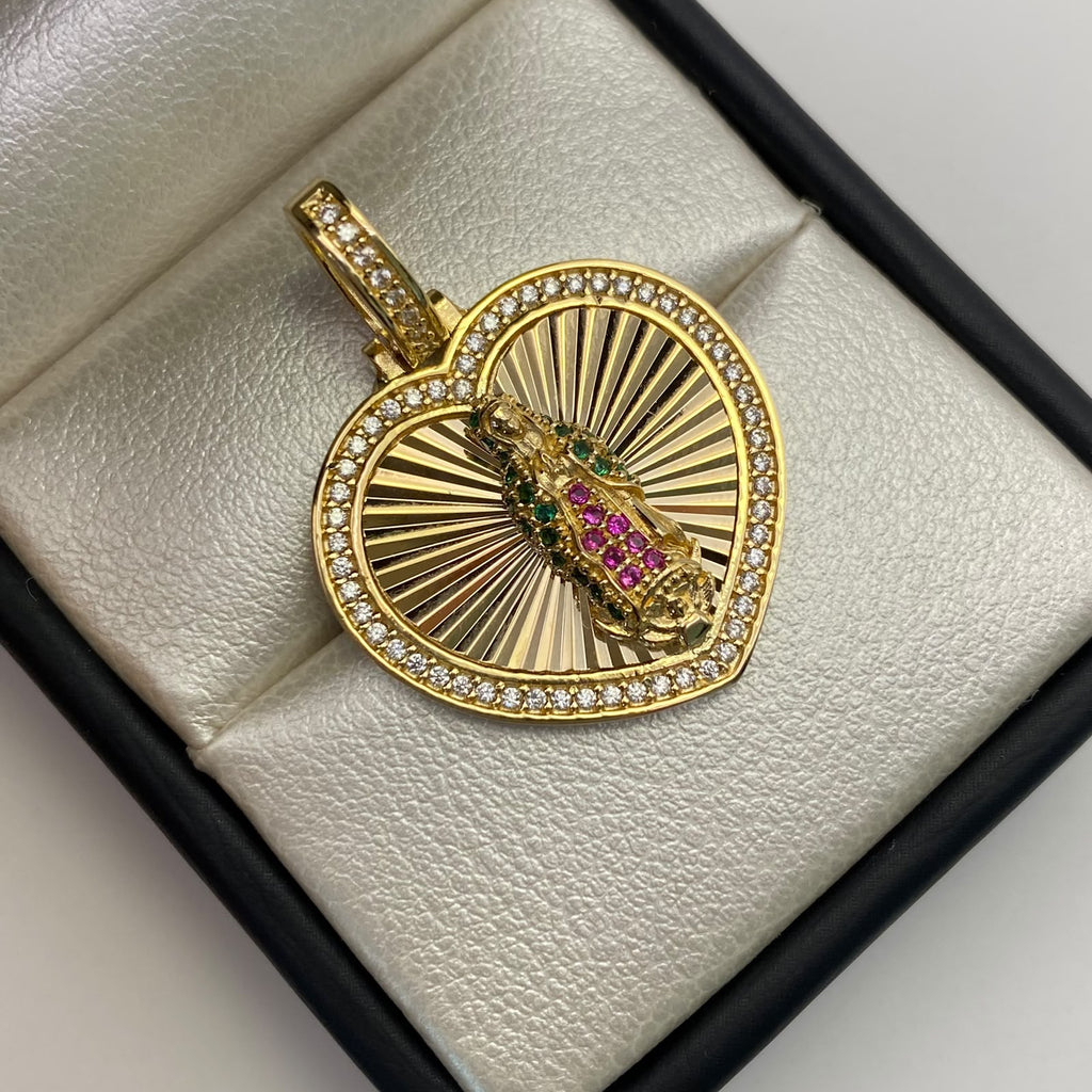 Dije Virgen de guadalupe corazon fondo diamantado Oro amarillo 18k 6,6 Gr / 24,6 mm / 3,4 Cm