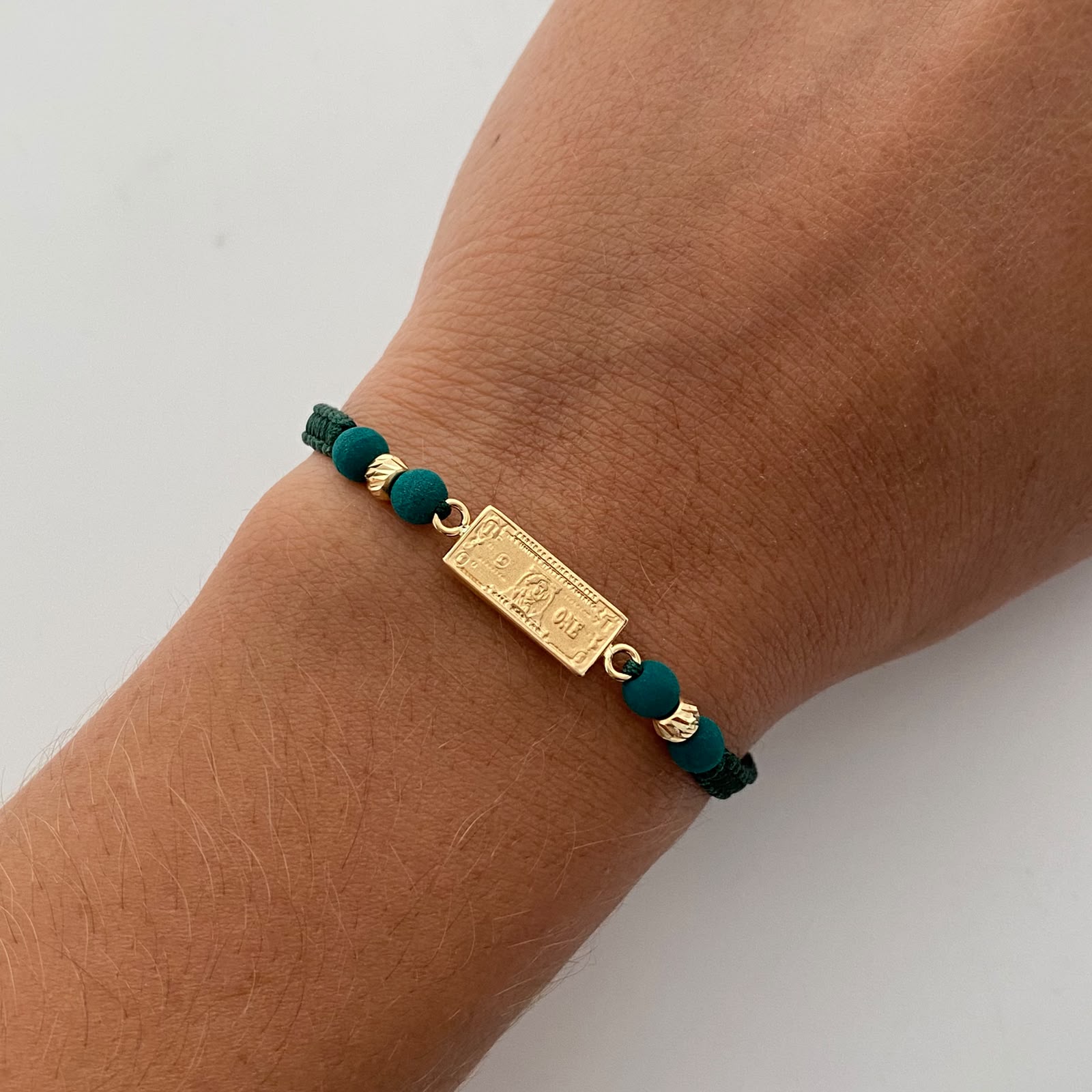 Pulsera tejida Dolar bolas diamantadas 4mm Hilo verde Oro amarillo 18k 0,95 Gr