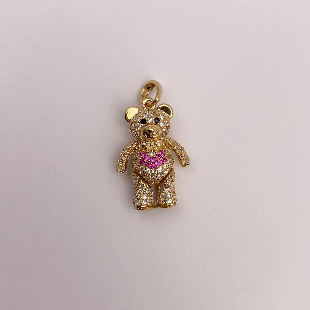Dije Oso articulado circones blancos corazon fucsia Oro amarillo 18k 4,41 Gr / 13,8 mm / 2,4 Cm
