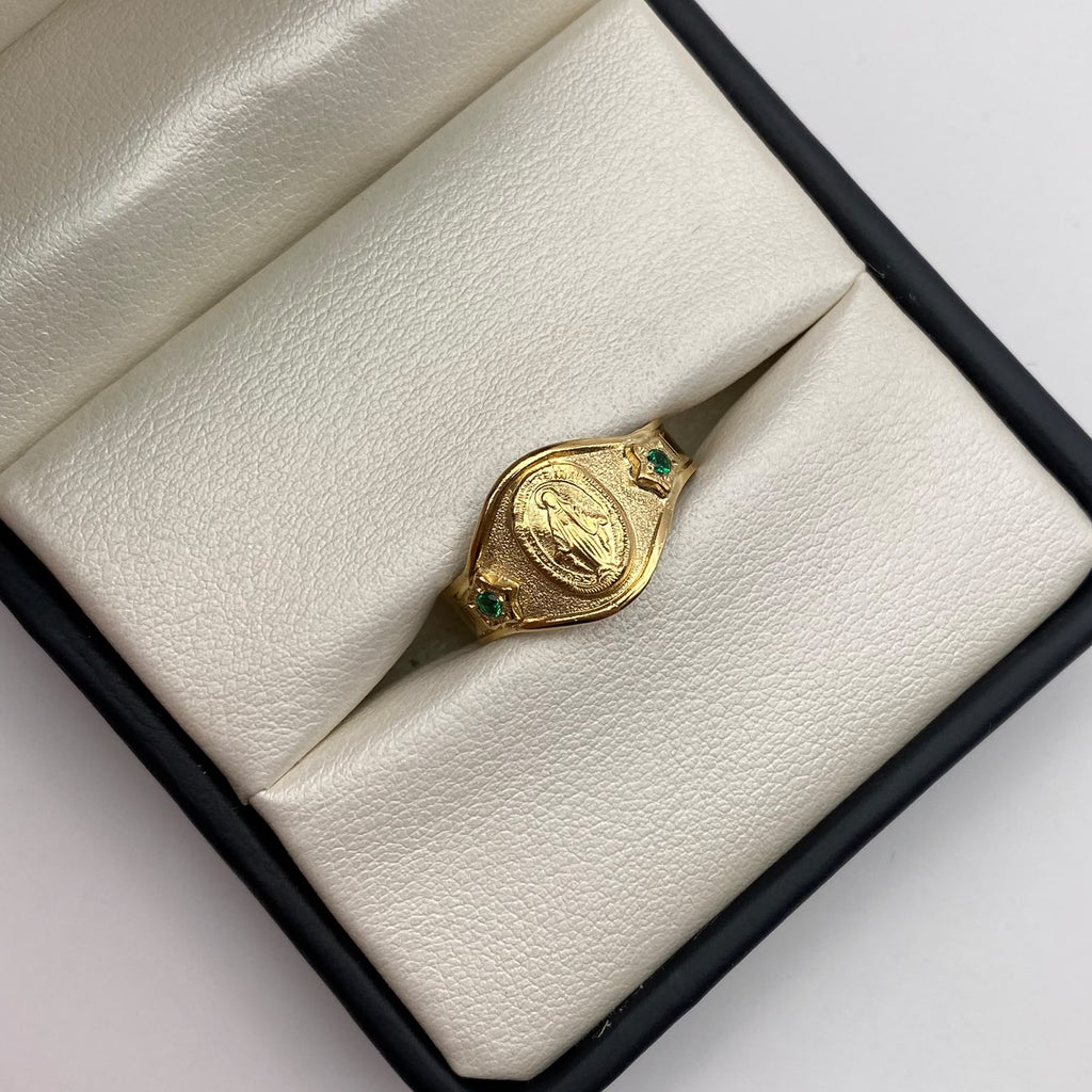 Anillo Troquel virgen Milagrosa circones verdes Oro amarillo 18k / Talla 10 / 2,8 Gr / 4,9 mm