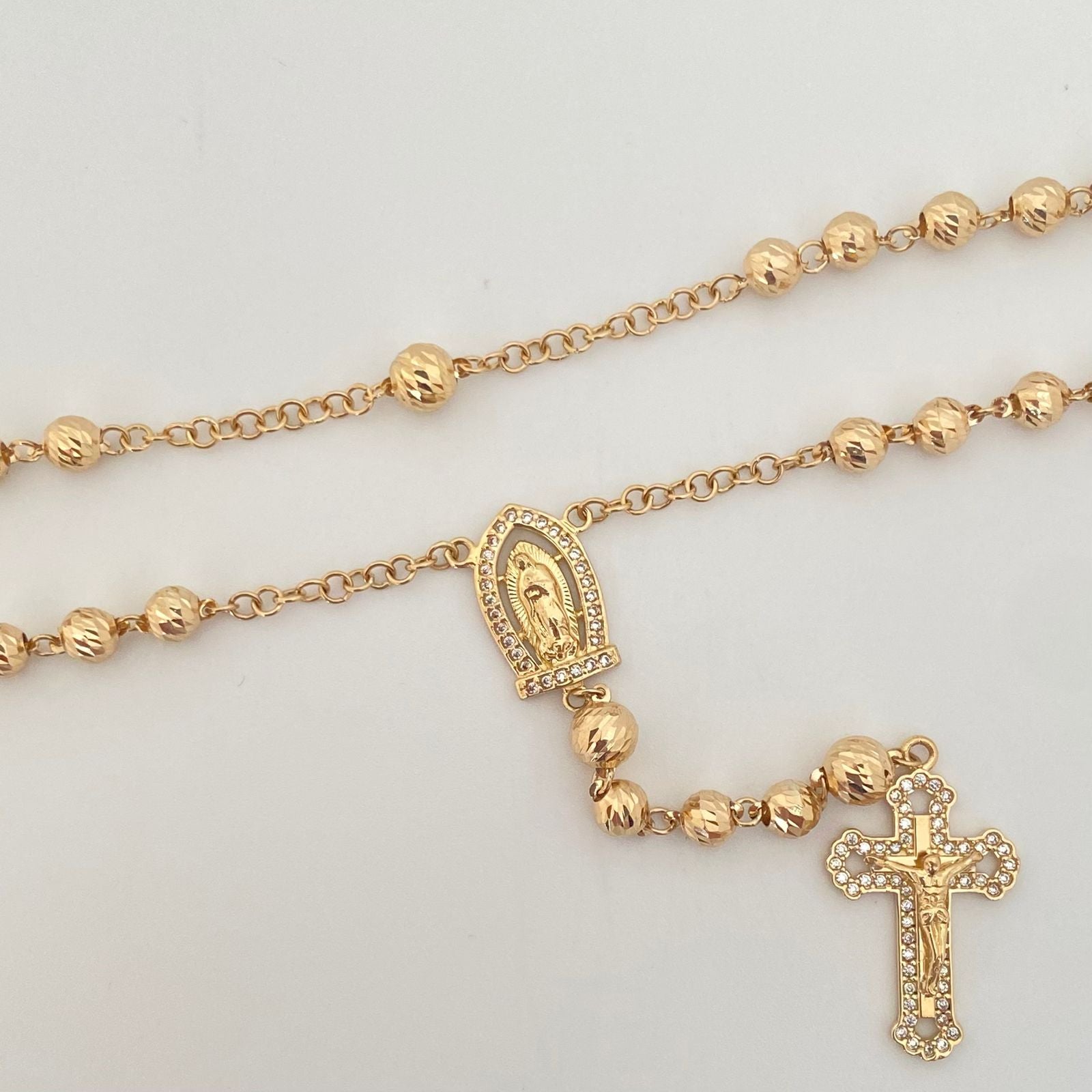 Rosario virgen guadalupe altar casting balines diamantados Oro amarillo 18k 18,55 Gr / 5,0 mm / 66 Cm