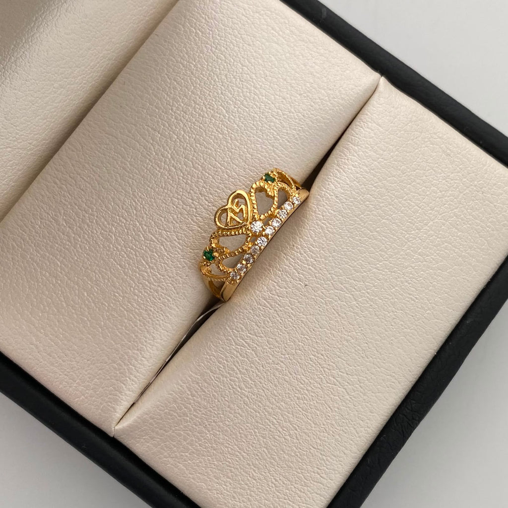 Anillo 15 Tiara circones verdes y blancos Oro amarillo 18k / Talla 6 1/2 / 2,1 Gr
