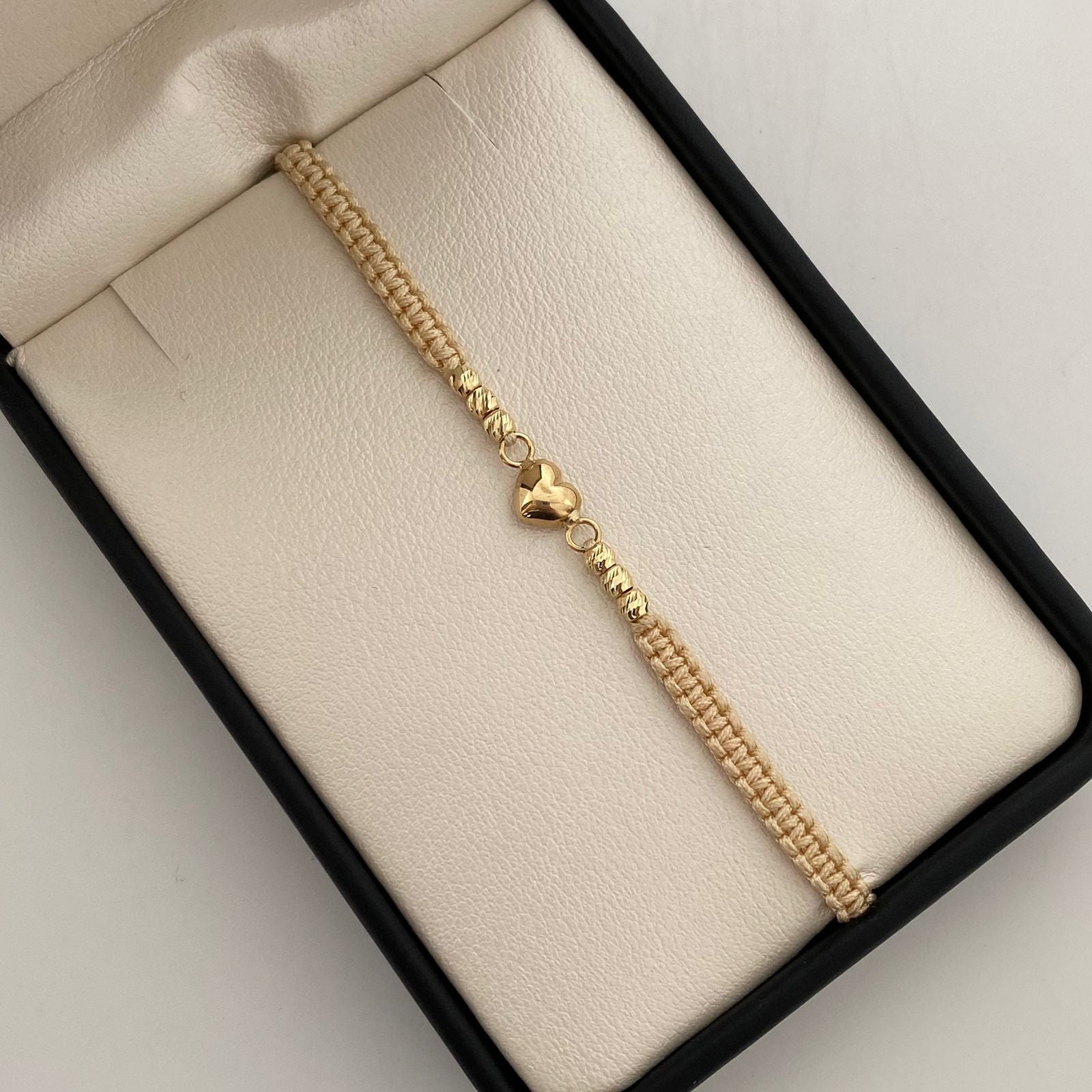 Pulsera tejida Herraje corazon inflado y balines diamantados #3 beige Oro amarillo 18k 0,75 Gr