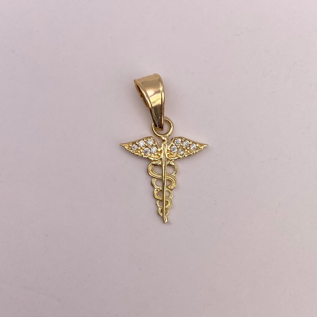 Dije Caduceo con alas y circones blancos Oro amarillo 18k 0,58 Gr / 12,55 mm / 2 Cm